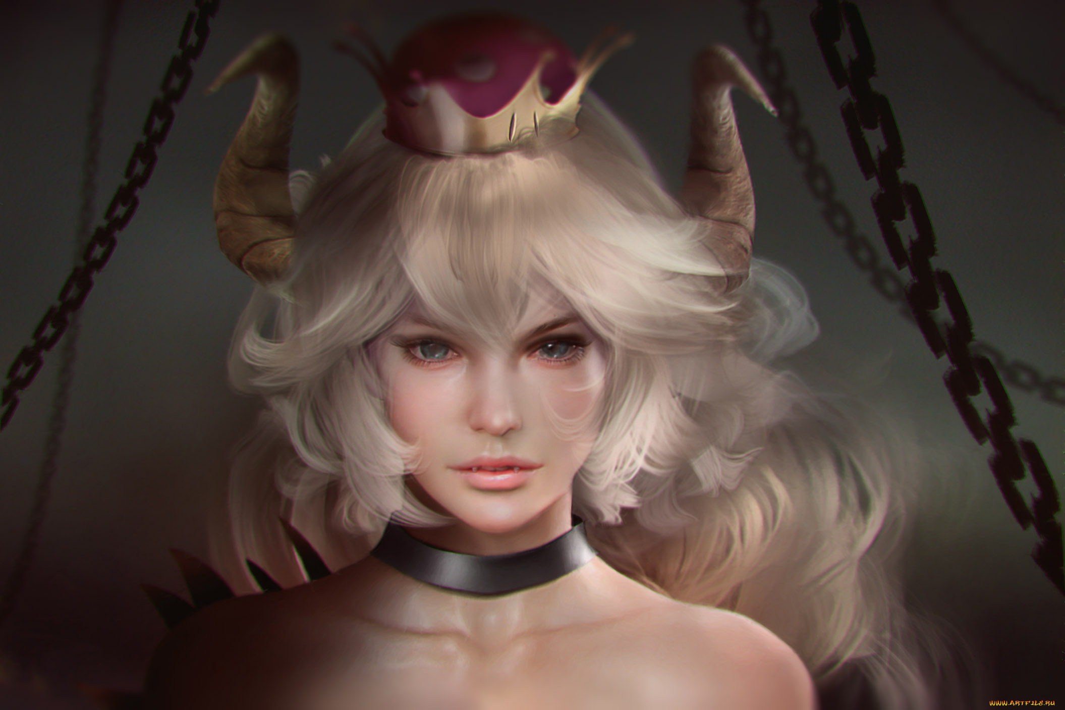 фэнтези, вампиры, рога, взгляд, фон, девушка, bowsette