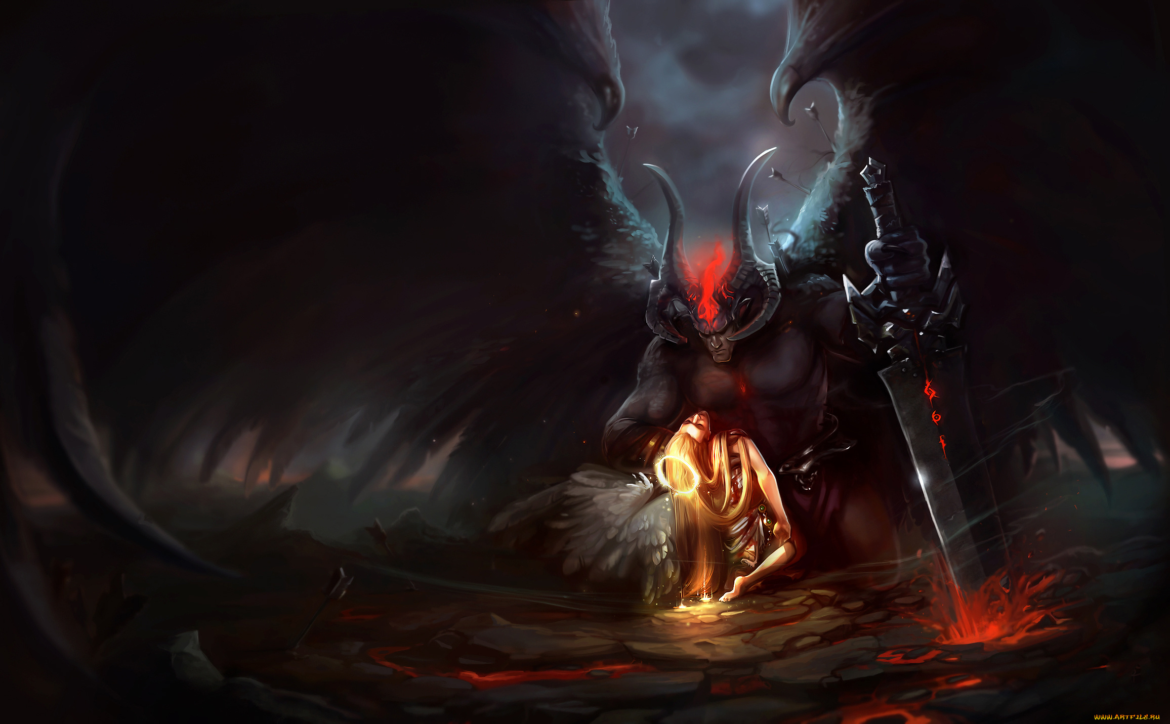 фэнтези, демоны, ангел, девушка, демон, фон