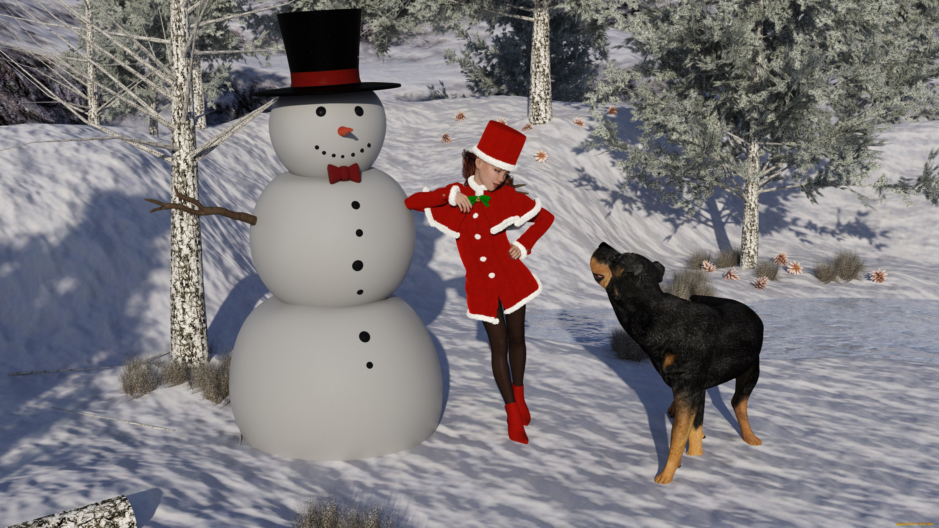 3д, графика, праздники, , holidays, снеговик, собака, фон, взгляд, девушка
