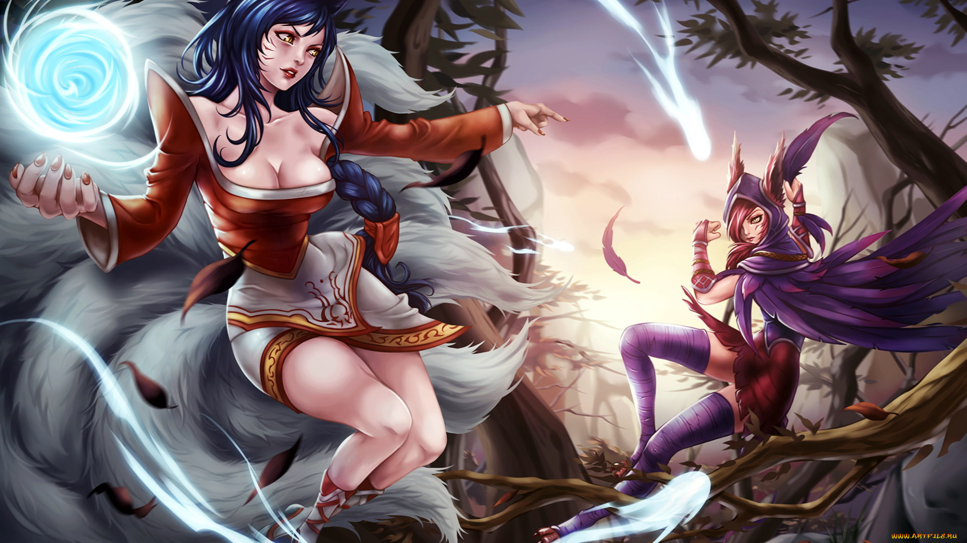 видео, игры, league, of, legends, ahri, xayah, девушки, бой, ветки
