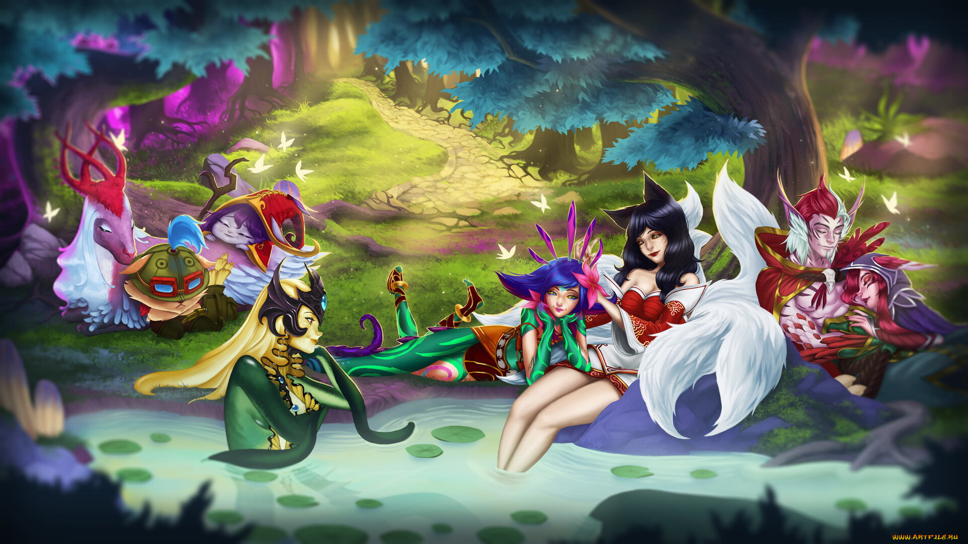 видео, игры, league, of, legends, rakan, xayah, девушки, существа, ручей