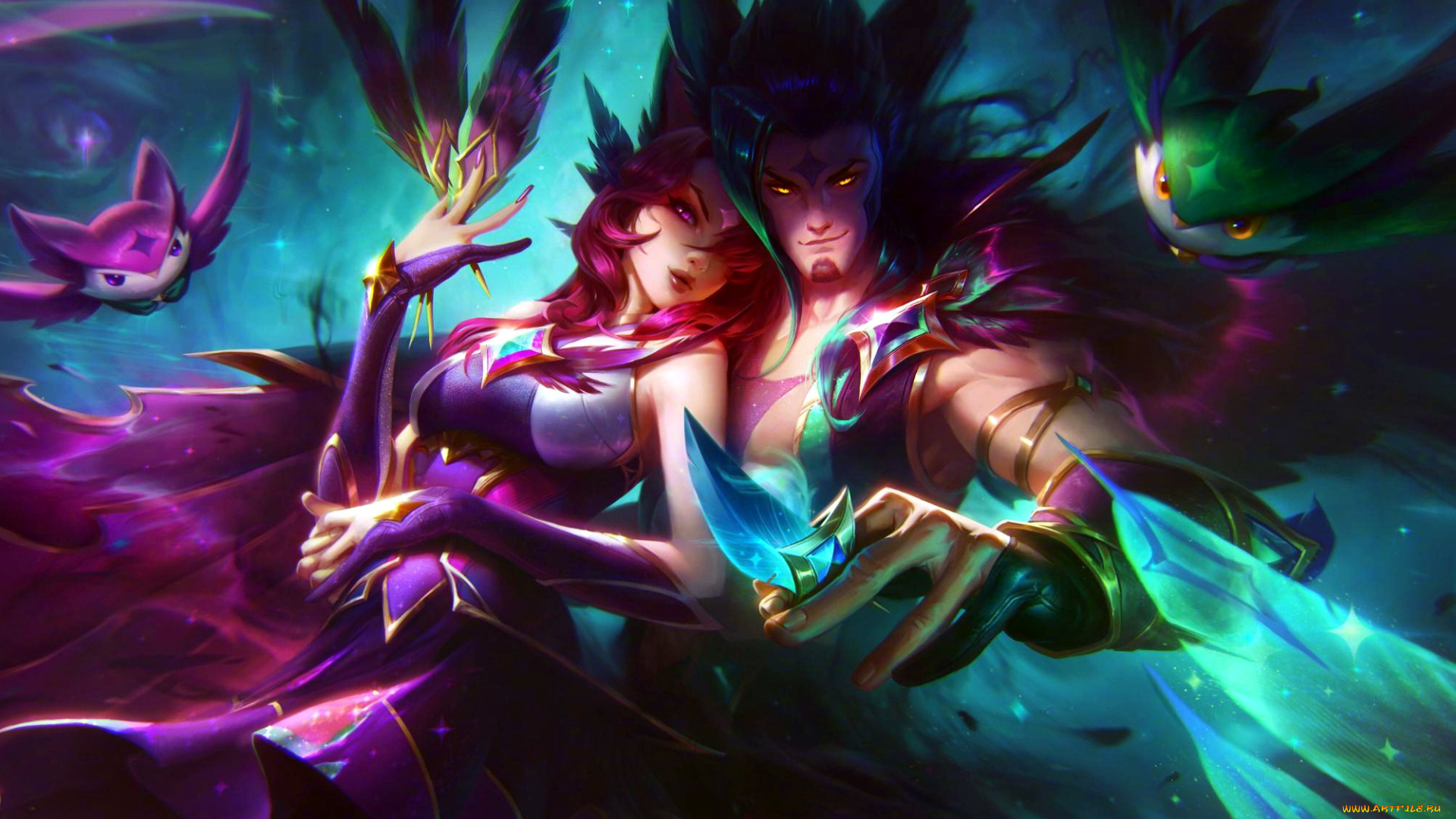 видео, игры, league, of, legends, rakan, xayah, пара, перья, совы