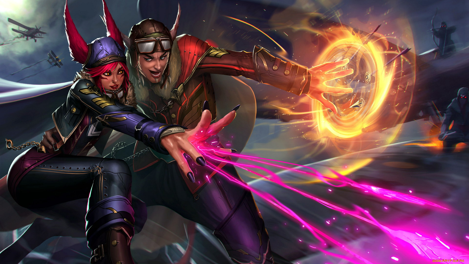 видео, игры, league, of, legends, rakan, xayah, пара, бой, магия, самолеты