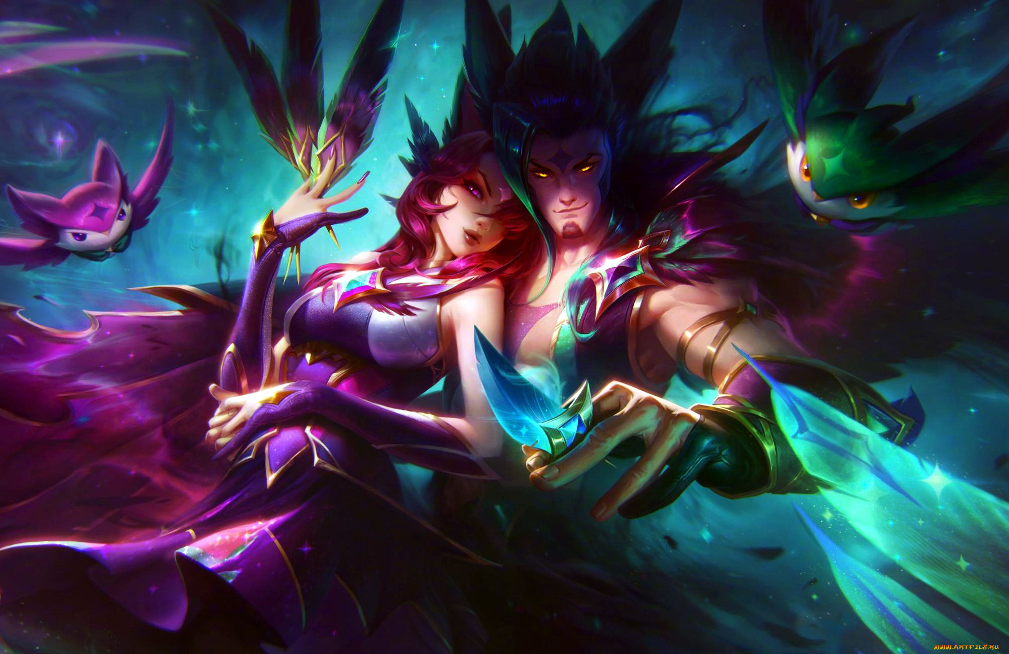 видео, игры, league, of, legends, rakan, xayah, пара, перья, совы