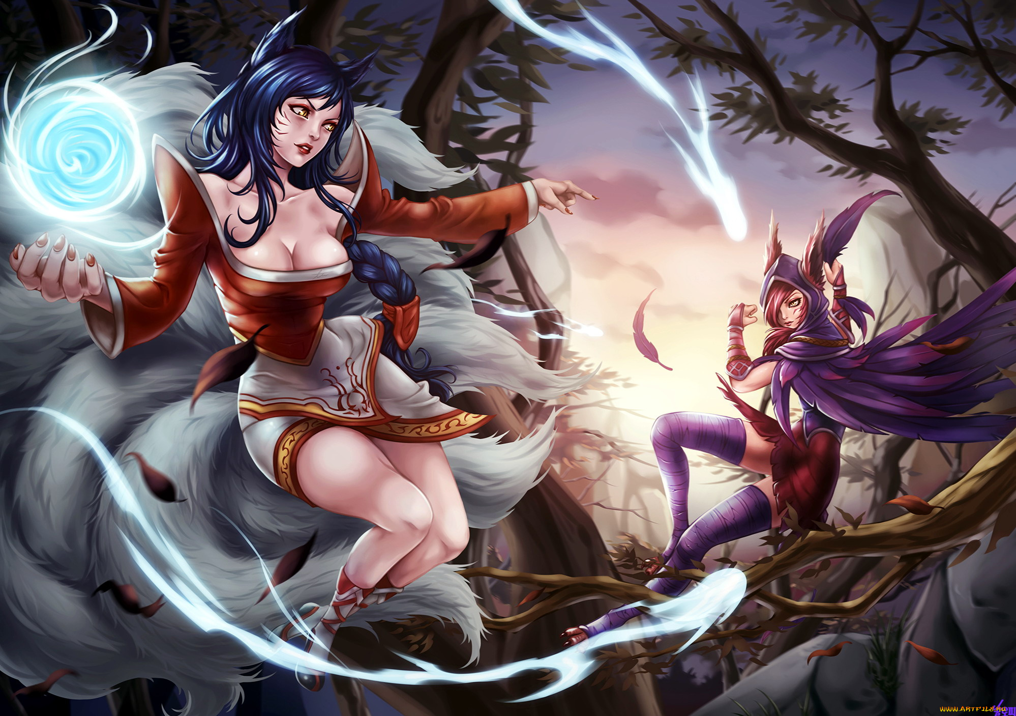 видео, игры, league, of, legends, ahri, xayah, девушки, бой, ветки