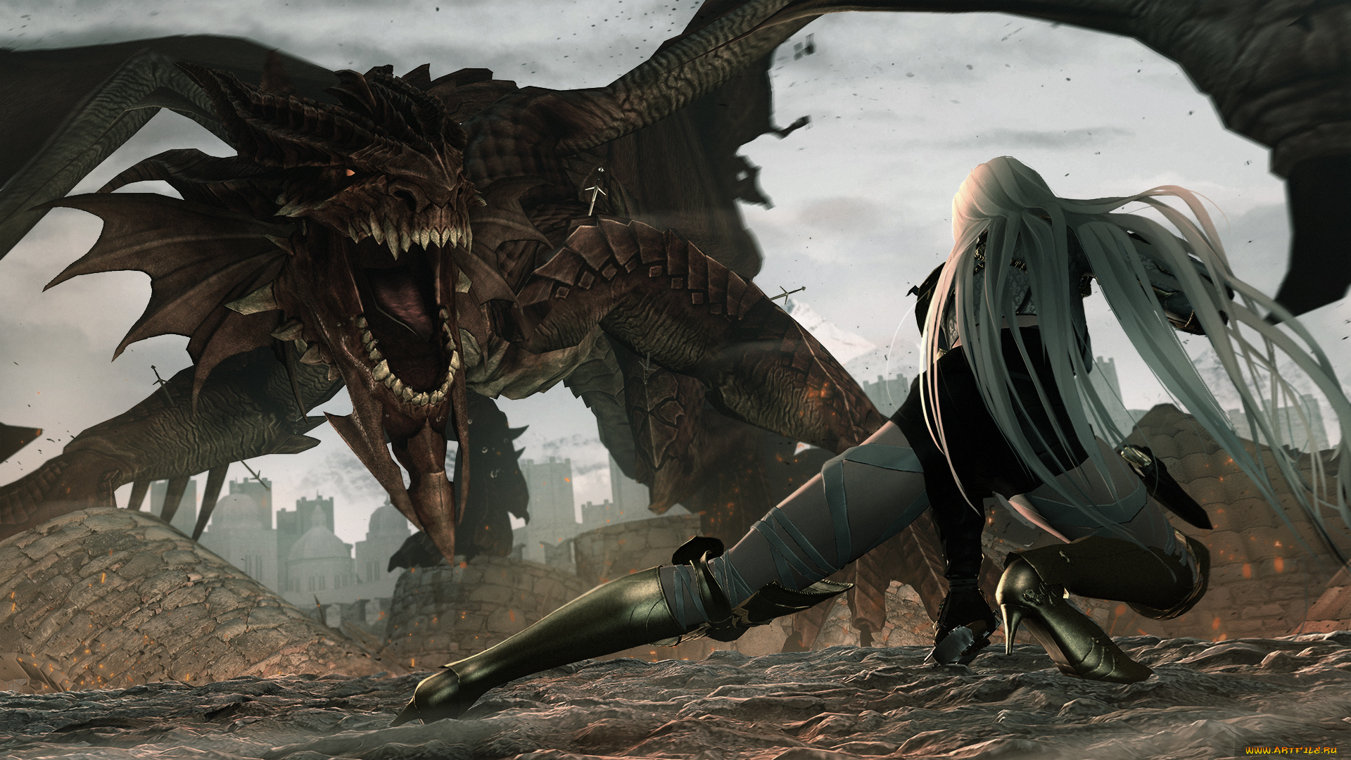 3д, графика, фантазия, , fantasy, девушка, фон, бой, дракон