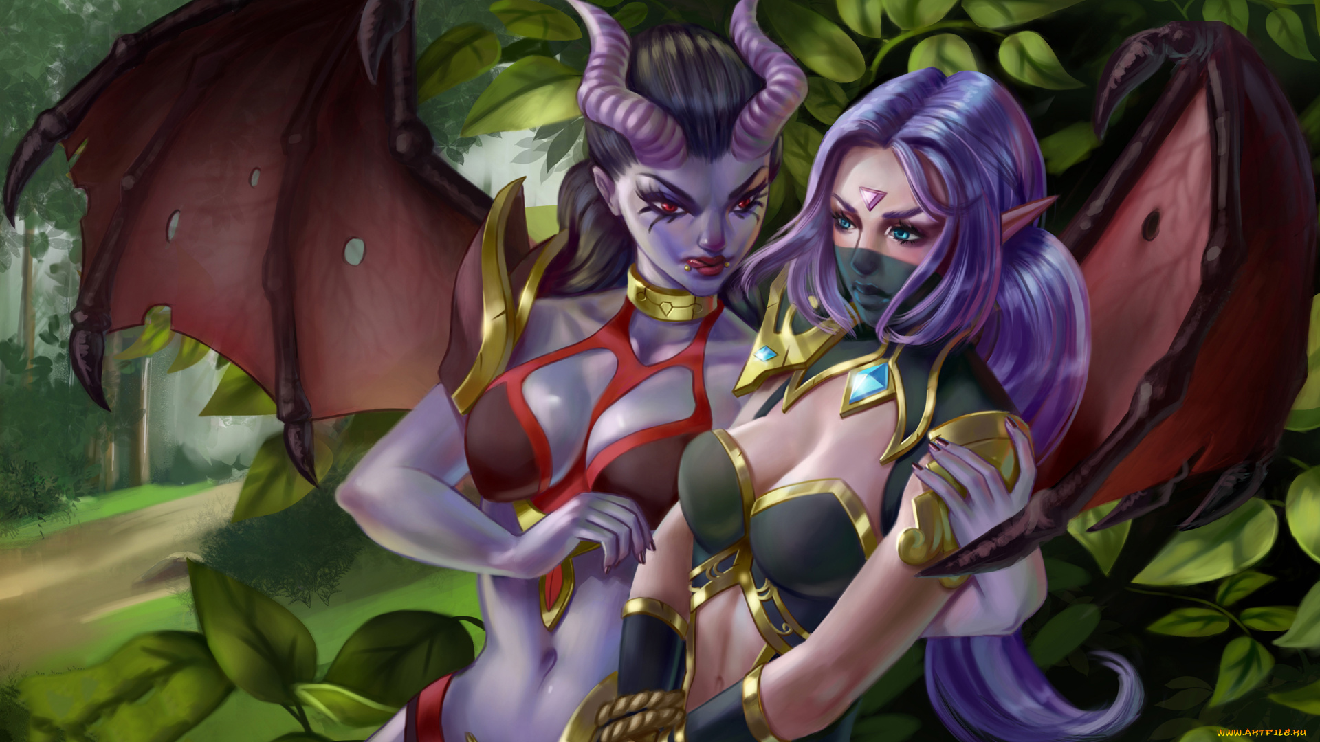 dota, 2, видео, игры, dota, , defense, of, the, ancients, девушуки, фон, униформа, рога, ушки, крылья, вуаль