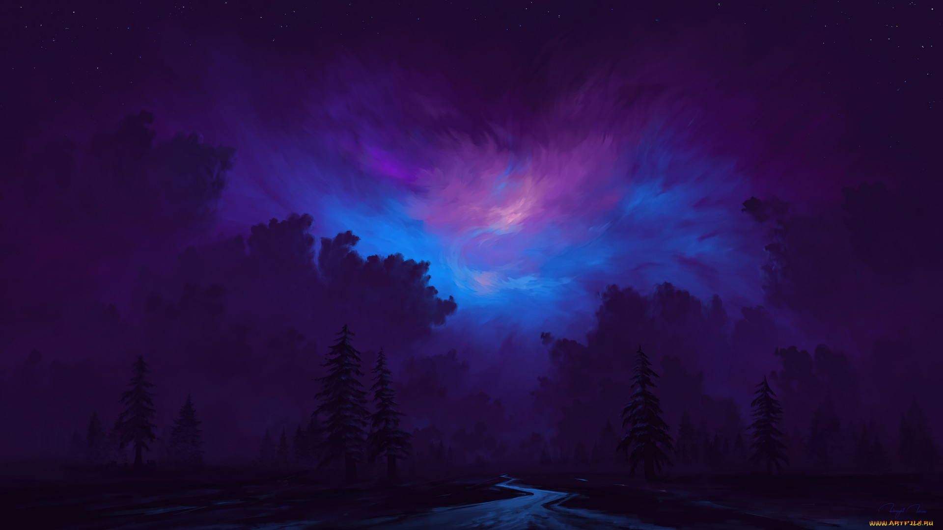 рисованное, природа, небо, лес, тучи, дорога