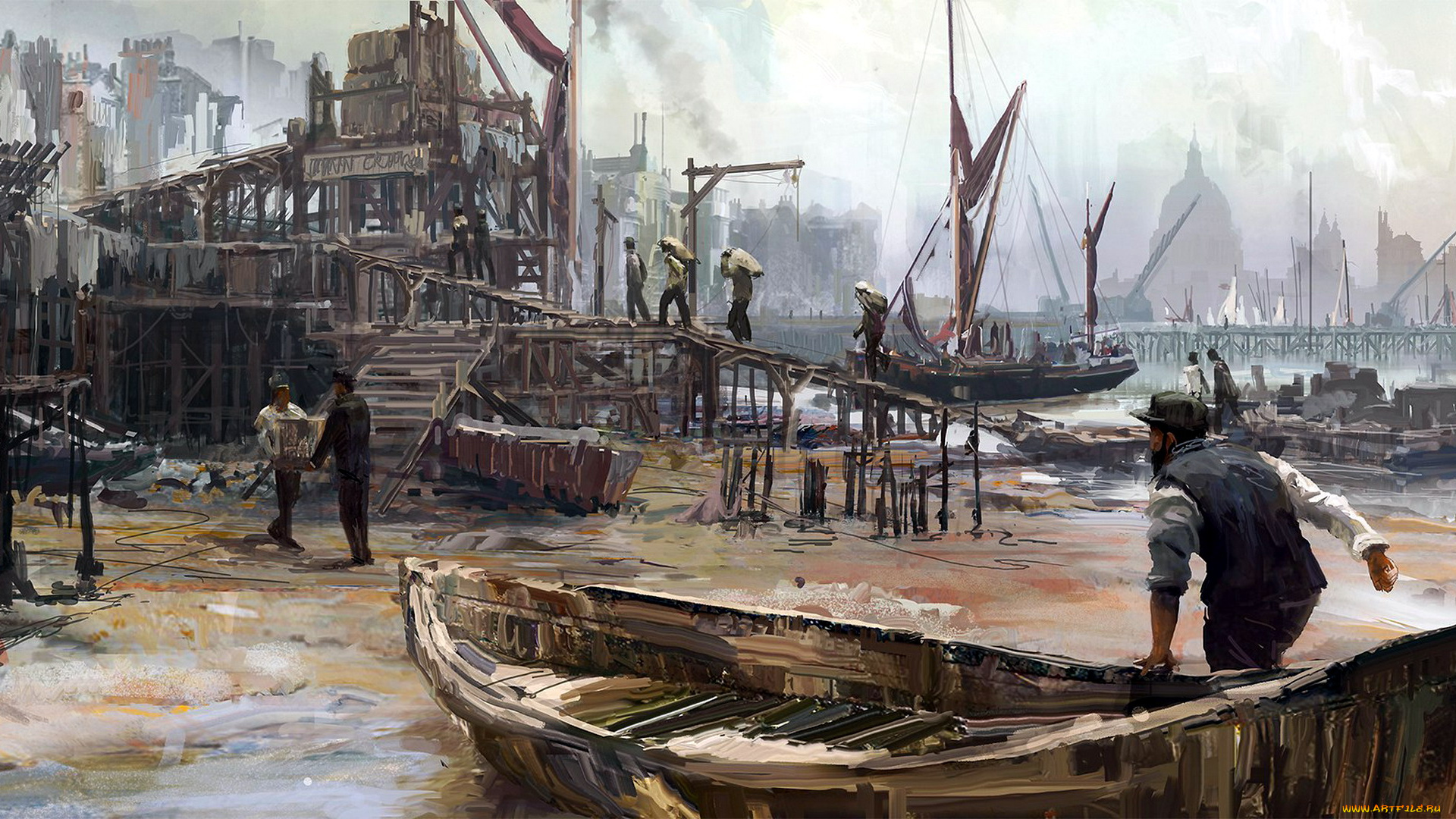 видео, игры, assassin`s, creed, , syndicate, порт, люди, лодка, груз, здание