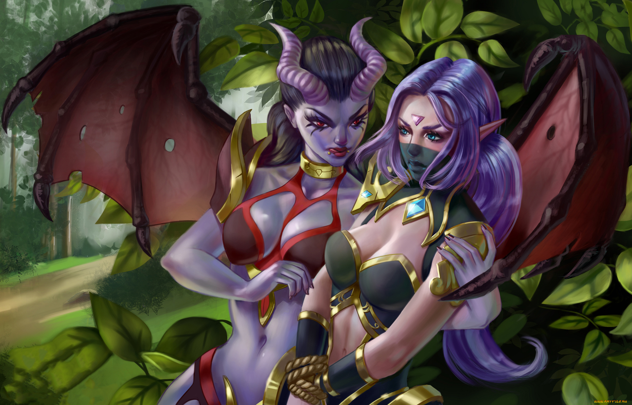 dota, 2, видео, игры, dota, , defense, of, the, ancients, девушуки, фон, униформа, рога, ушки, крылья, вуаль