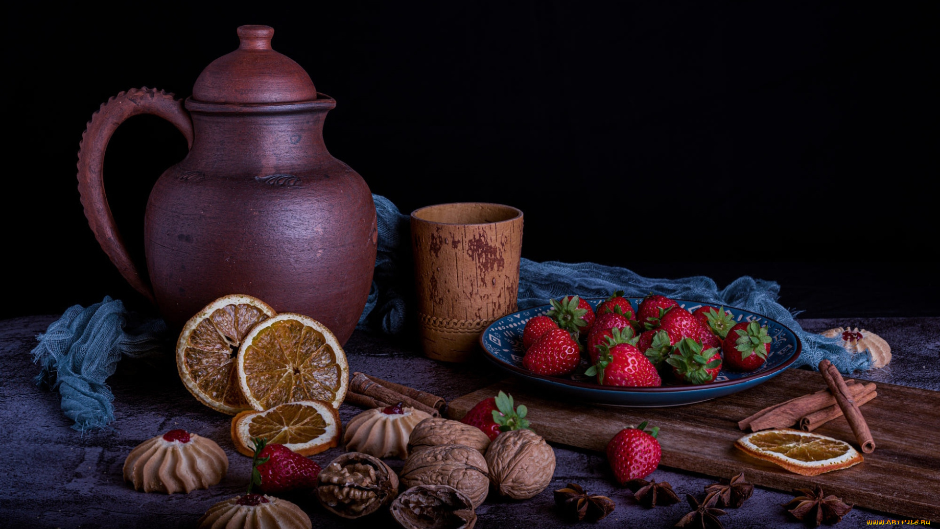 еда, разное, апельсин, клубника, орехи, печенье