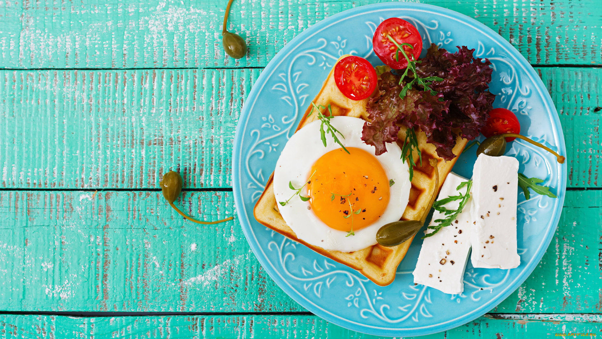еда, яичные, блюда, вафля, сыр, глазунья, каперсы