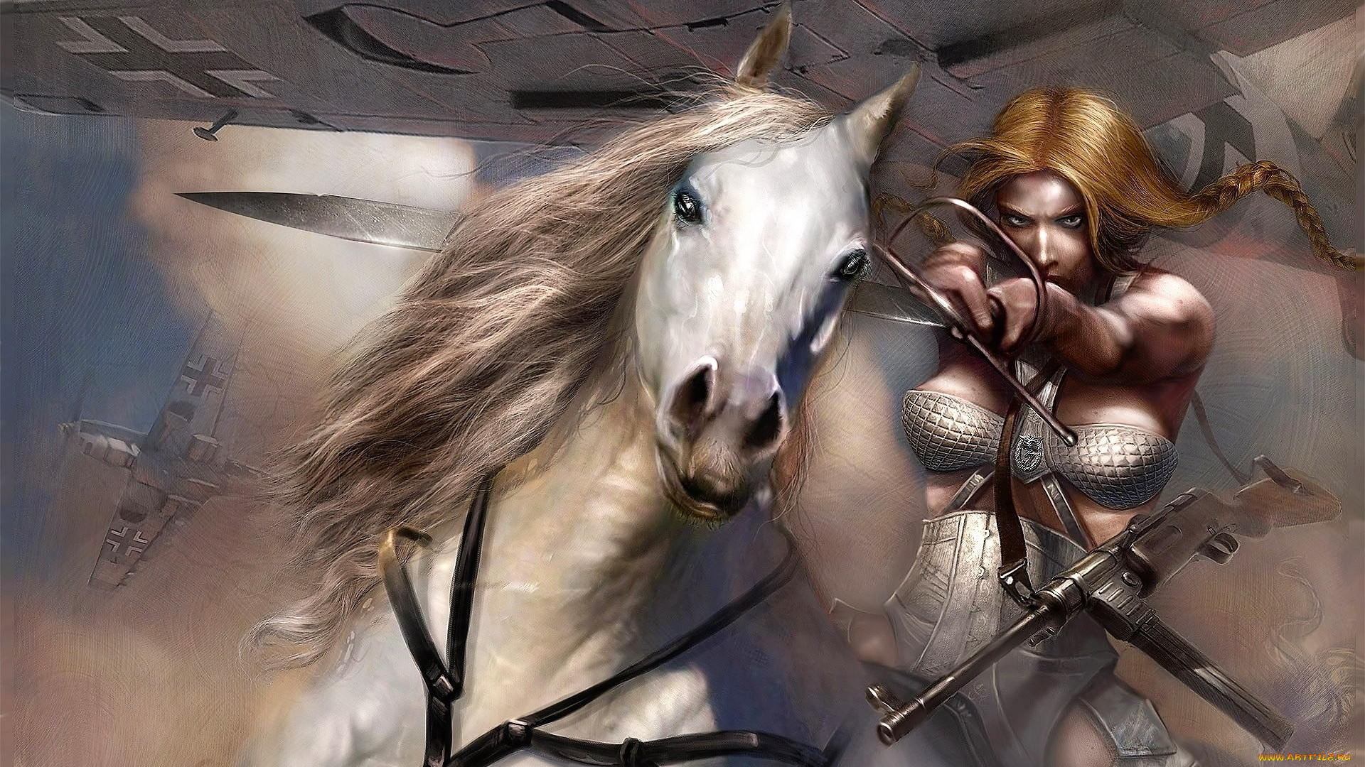 фэнтези, девушки, самолеты, лошадь, девушка, оружие, валькирия