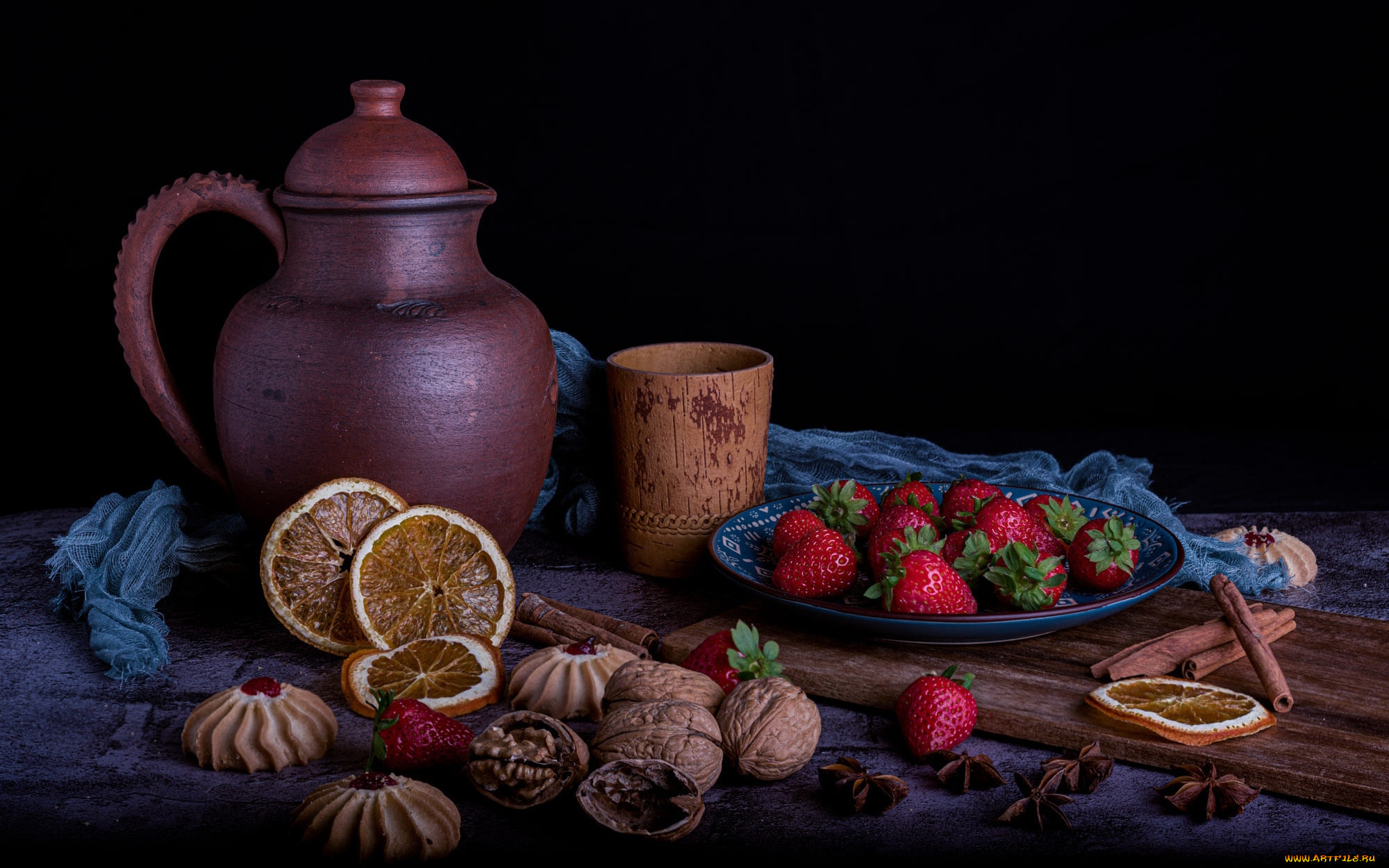 еда, разное, апельсин, клубника, орехи, печенье