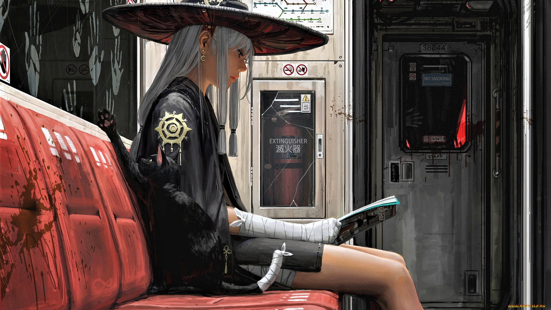 фэнтези, _guweiz, девушка, шляпа, кошка, журнал, вагон, ладони