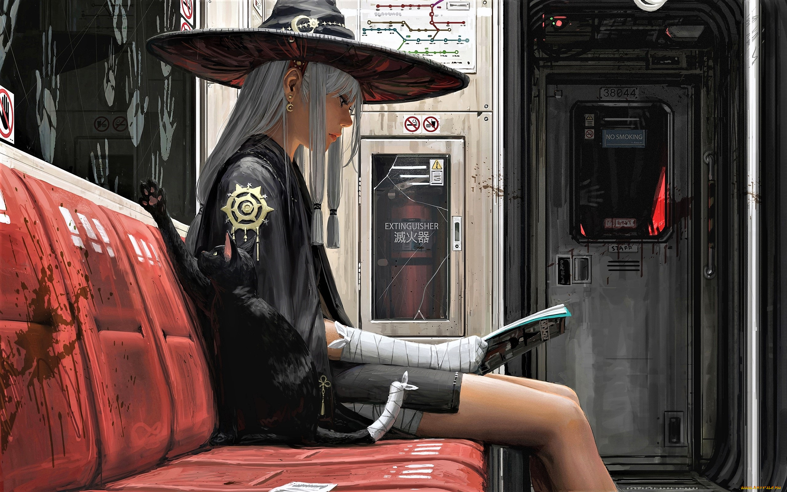 фэнтези, _guweiz, девушка, шляпа, кошка, журнал, вагон, ладони