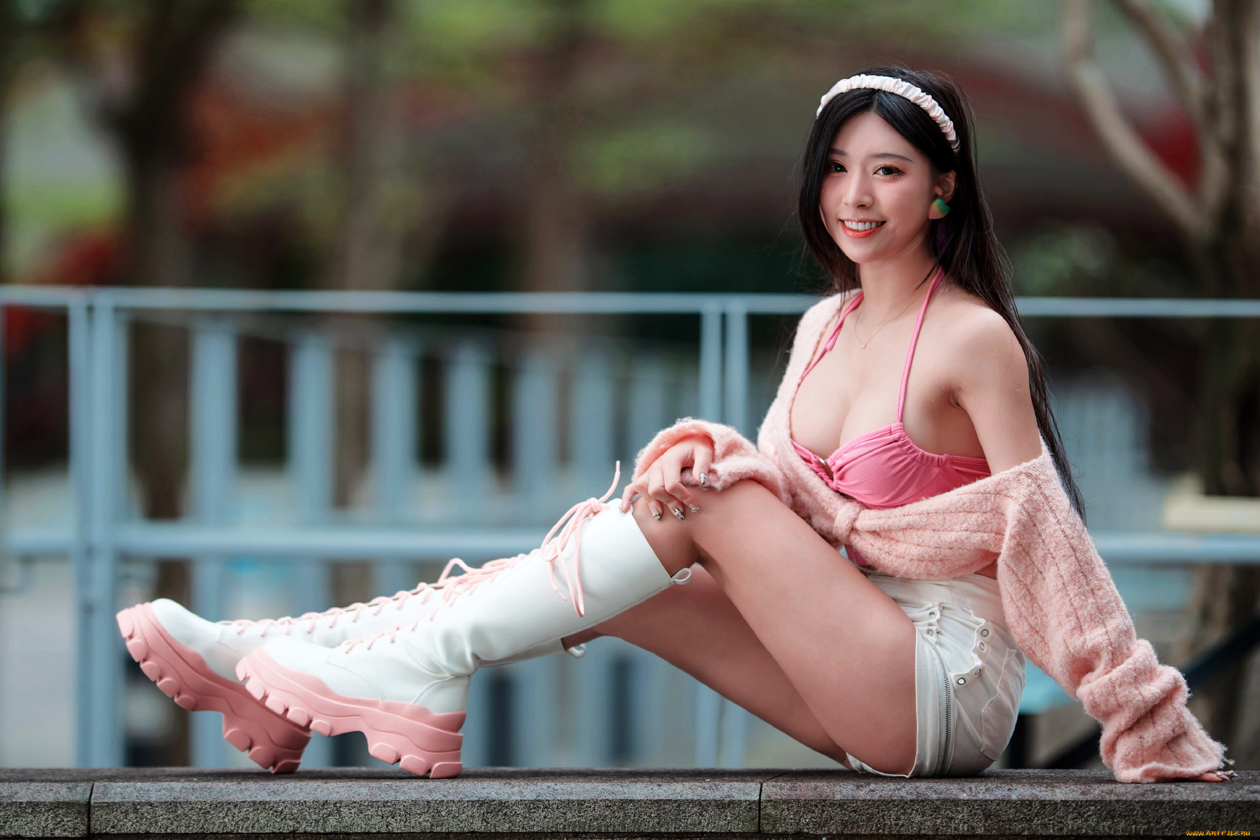 девушки, -, азиатки, азиатка, шорты, декольте