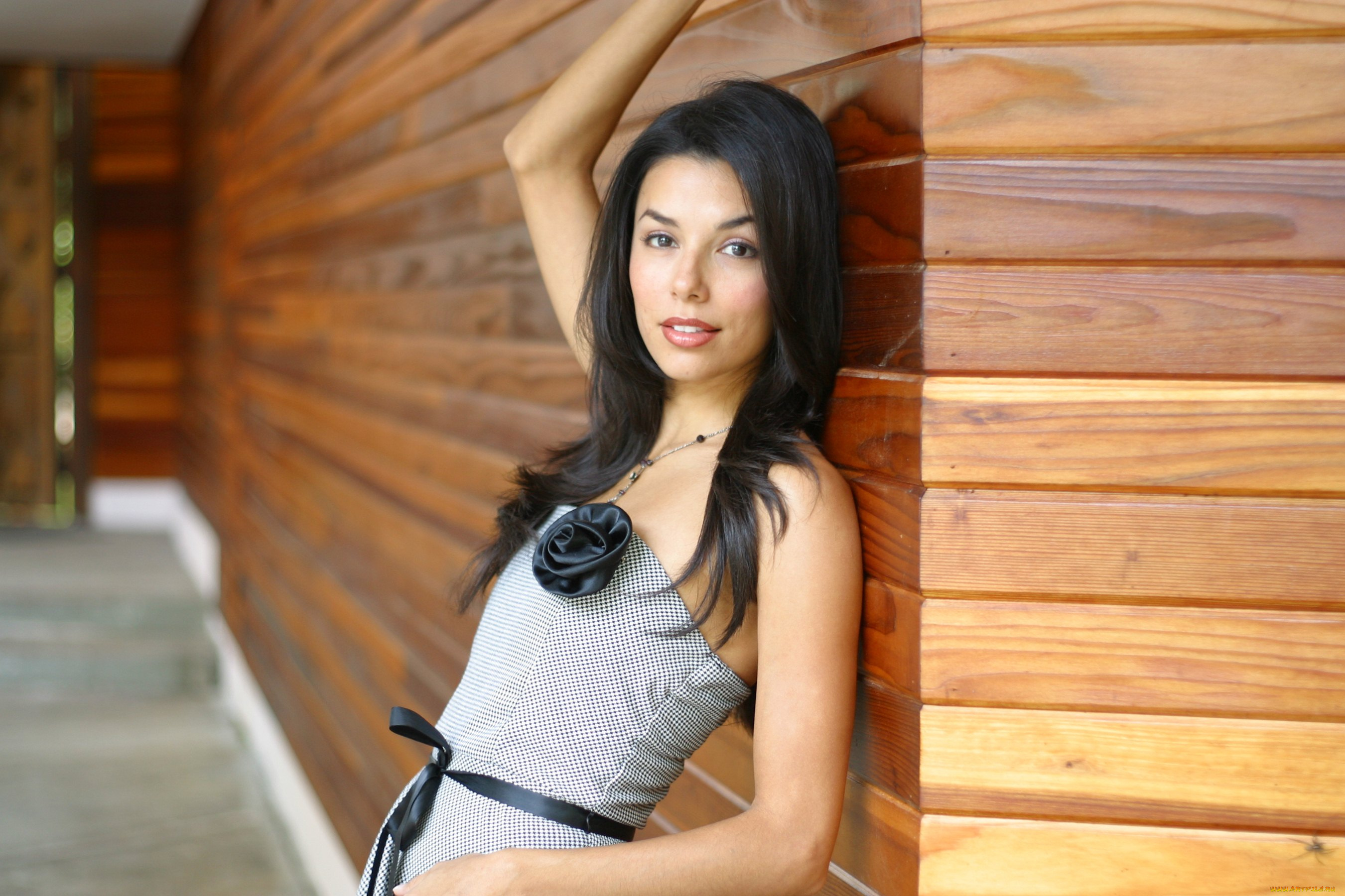 девушки, eva, longoria, брюнетка, платье, дом, угол, стена
