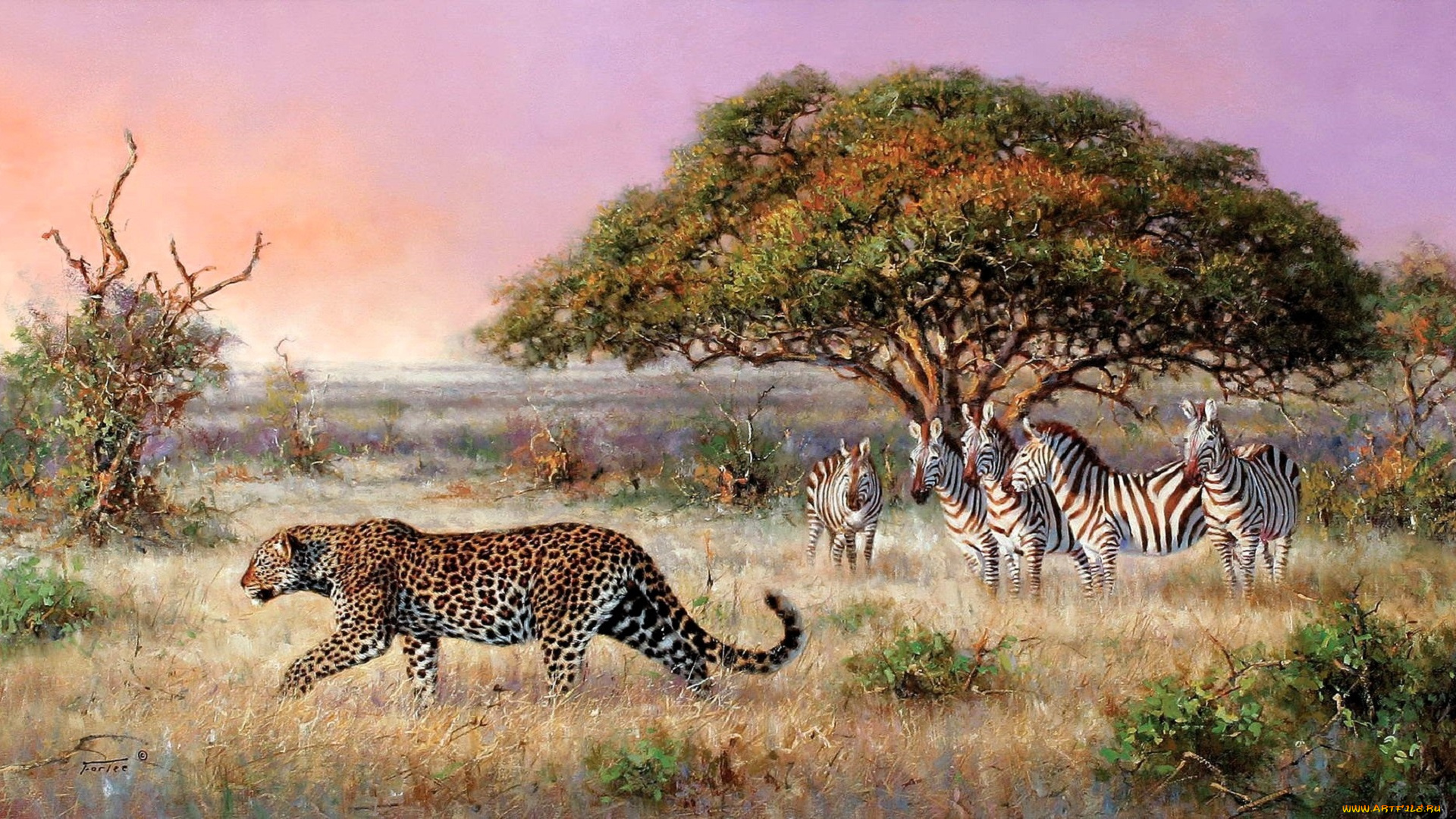 рисованное, eric, forlee, саванна, зебры, леопард, деревья