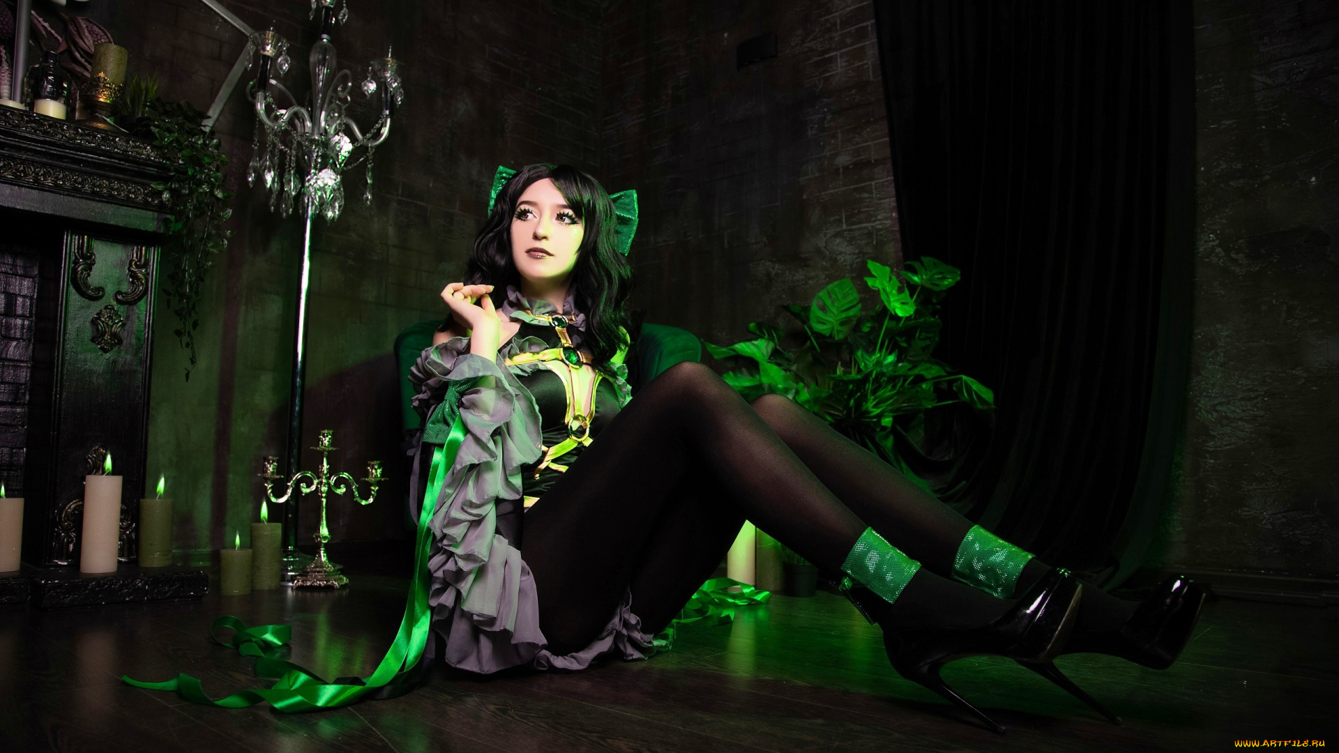 девушки, momo, косплей, образ, наряд, костюм, каблуки, камин, подсвечники, цветок