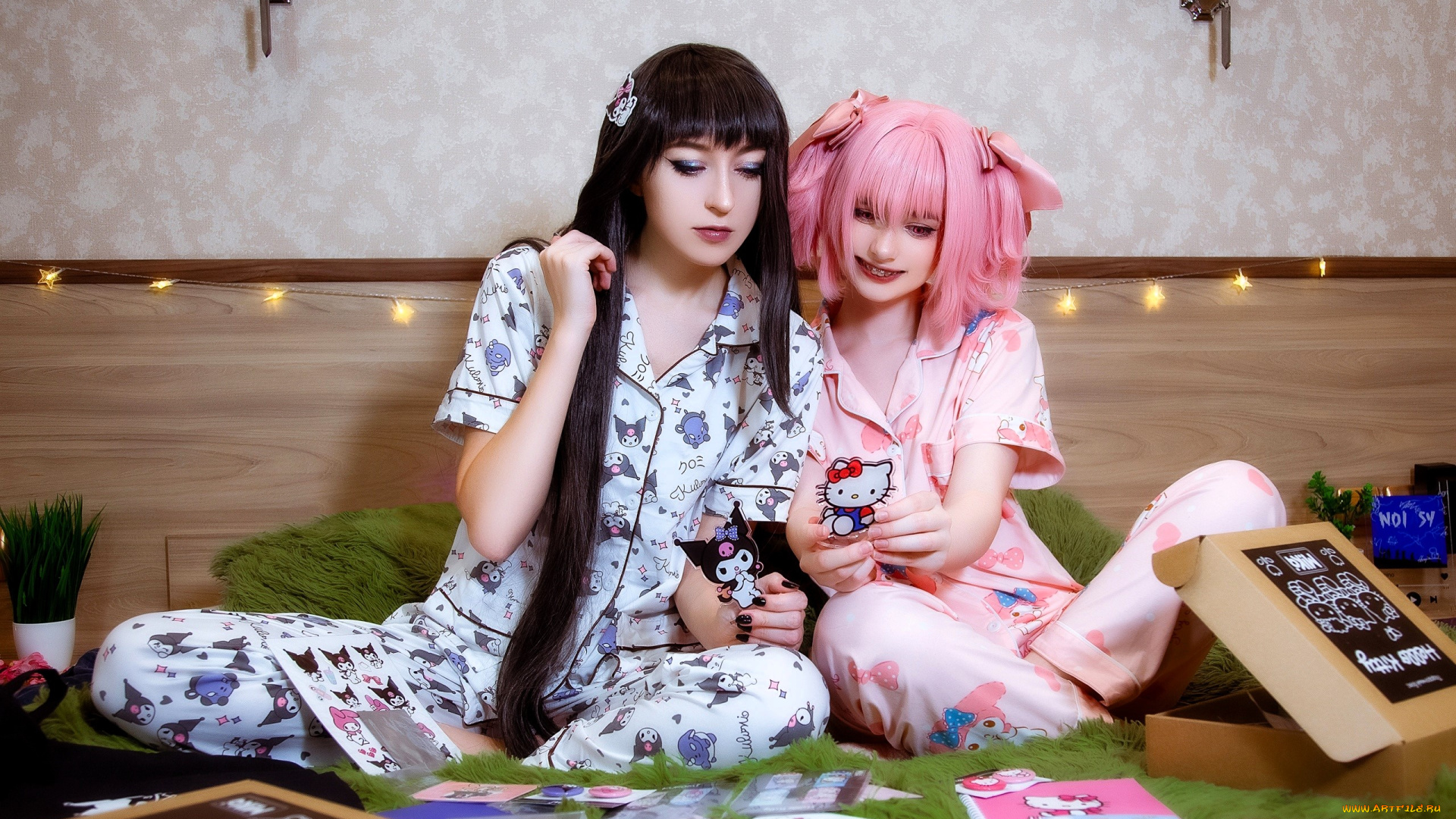 девушки, momo, подруги, косплей, пижамы, котята, коробка