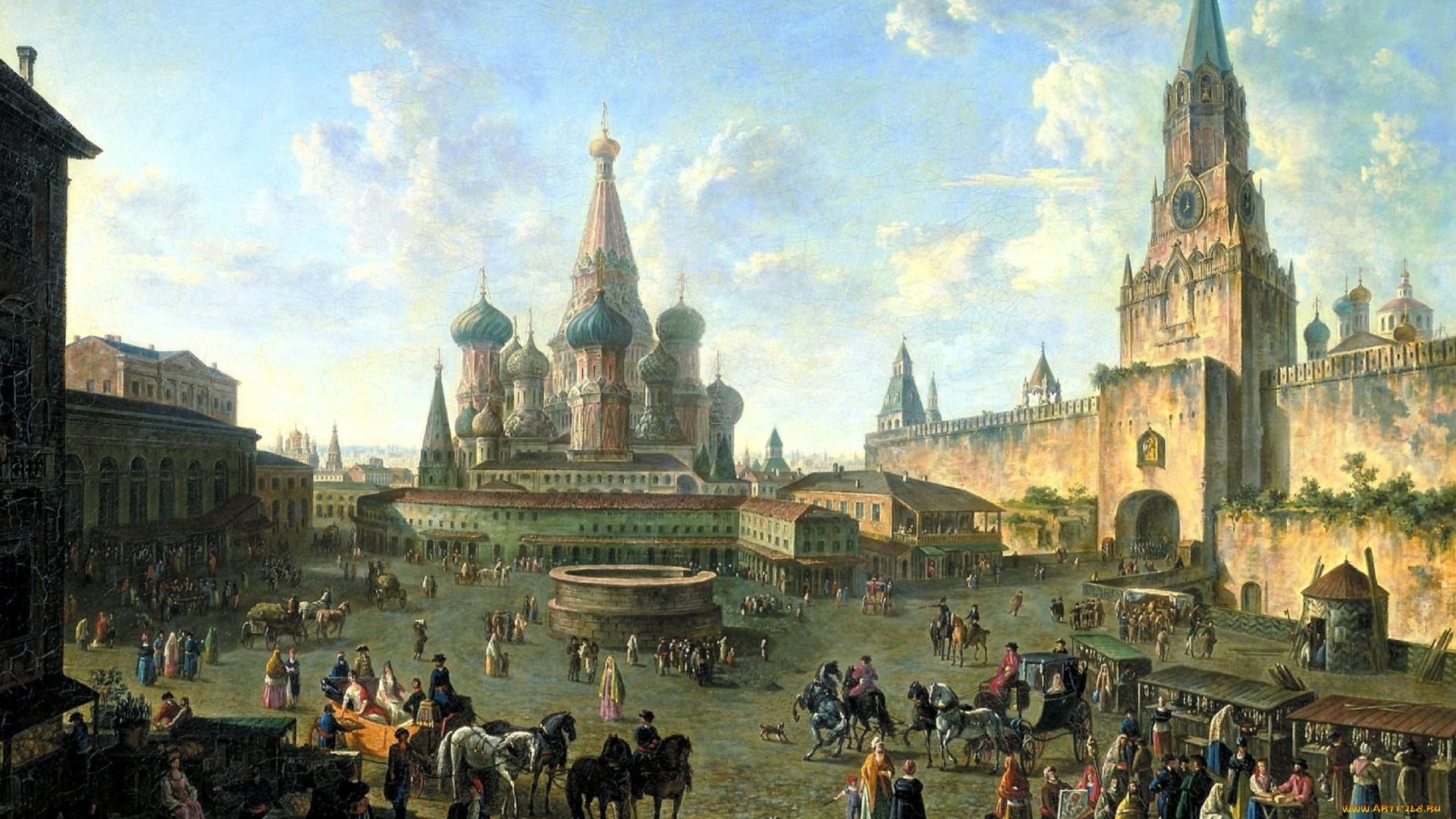 фёдор, алексеев, рисованное, город, москва, площадь, люди, храм