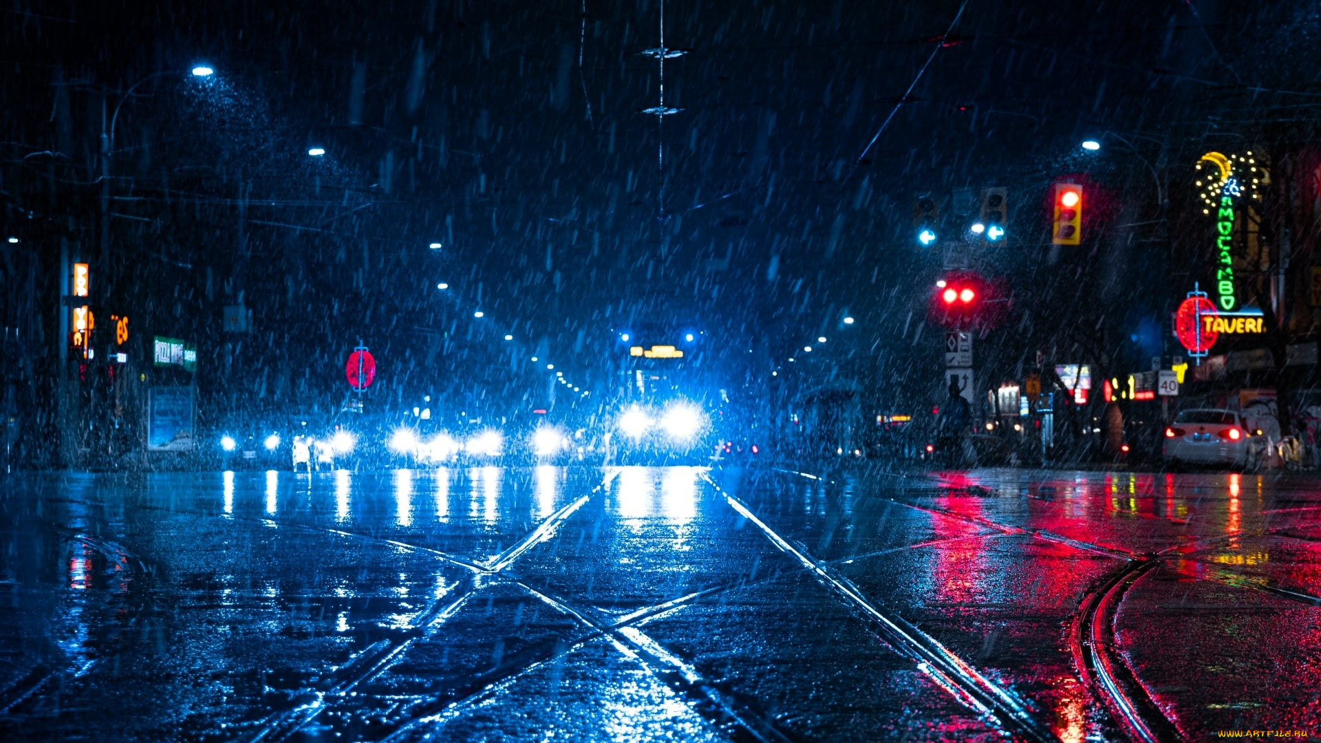 города, -, огни, ночного, города, ночь, дождь, транспорт, рельсы, огни, реклама