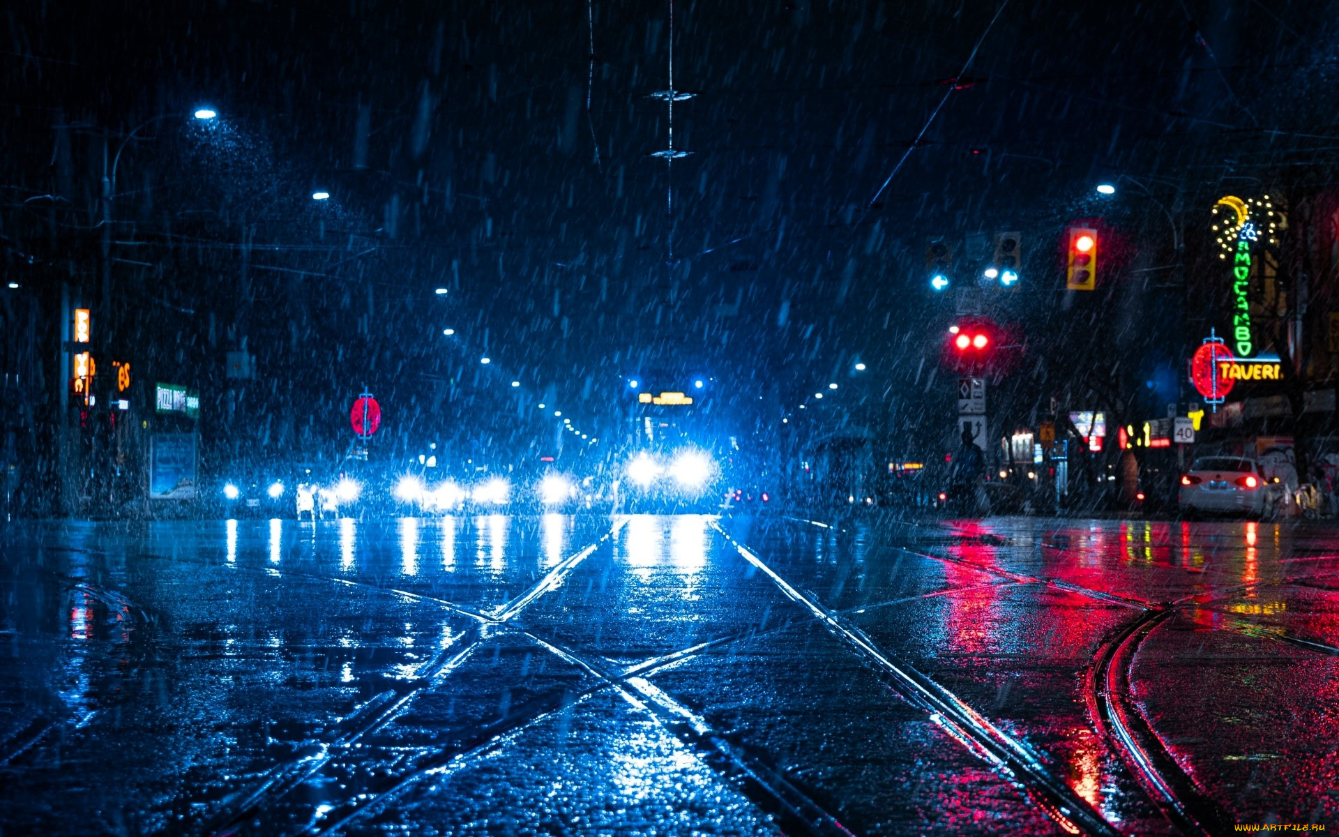 города, -, огни, ночного, города, ночь, дождь, транспорт, рельсы, огни, реклама