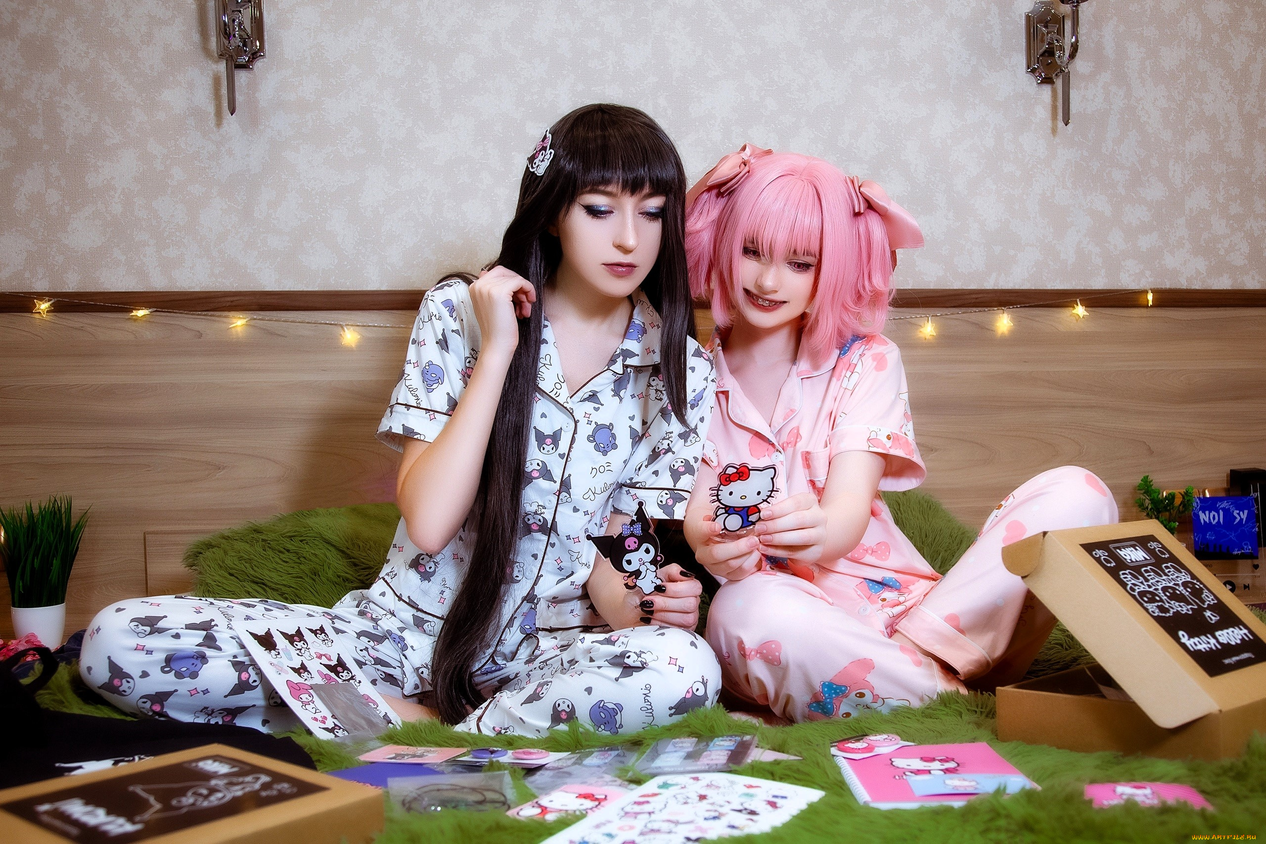 девушки, momo, подруги, косплей, пижамы, котята, коробка