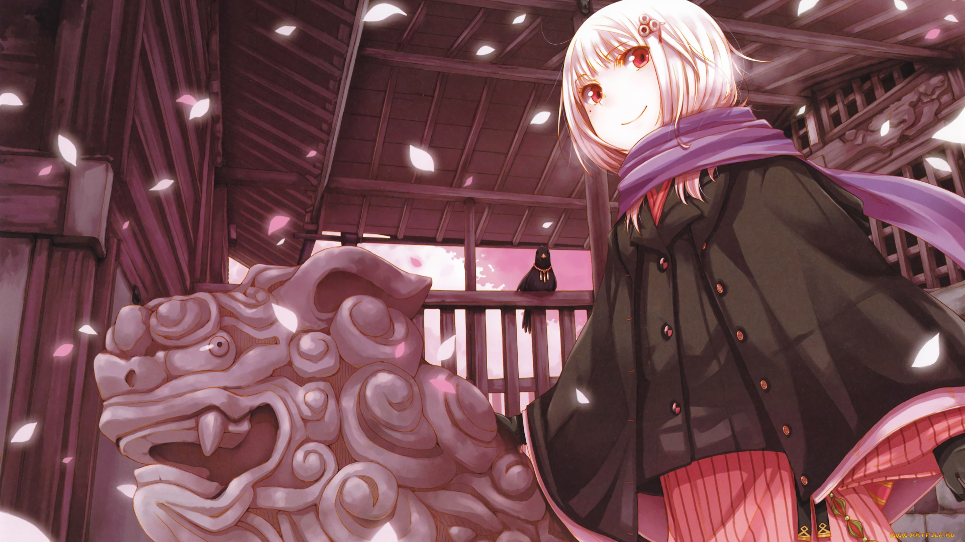 аниме, *unknown, другое, девушка, храм, статуя