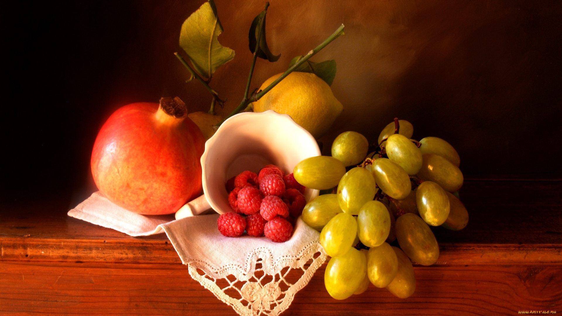 еда, фрукты, ягоды, виноград, лимон, гранат, малина, салфетка