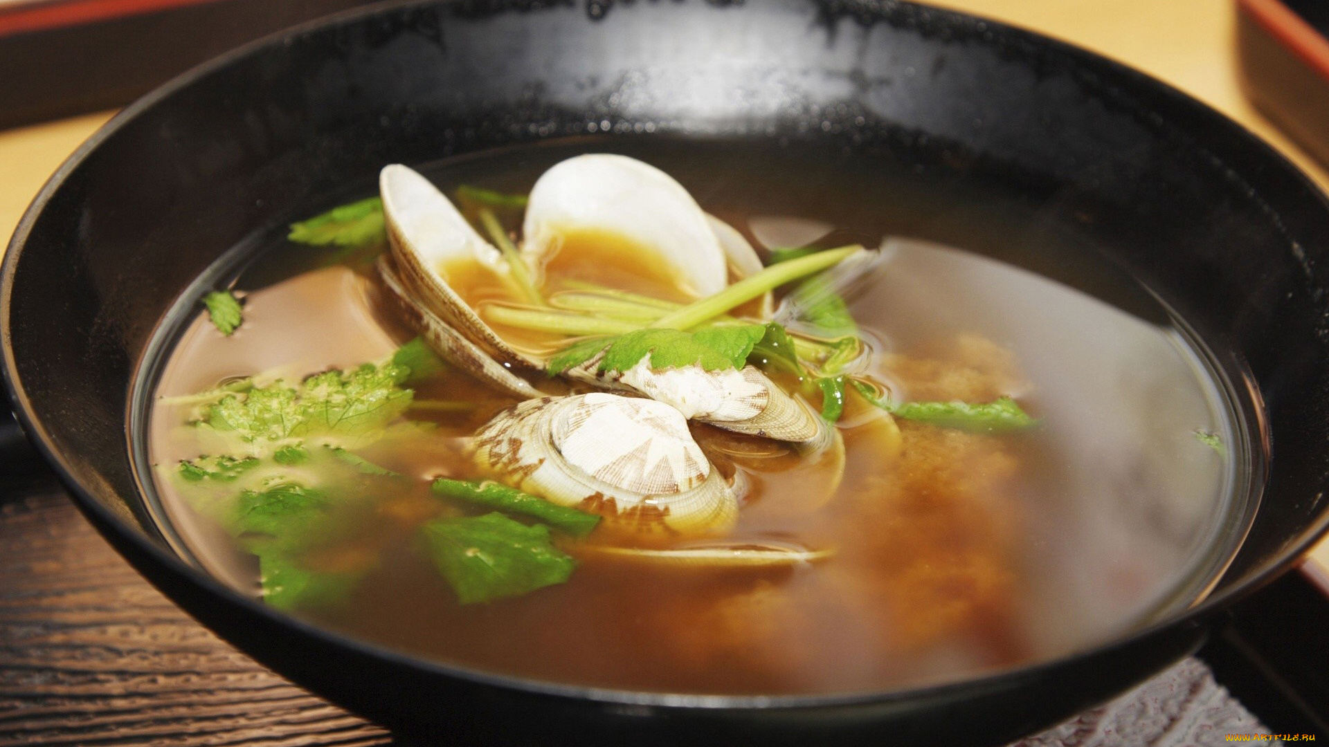 еда, рыбные, блюда, морепродуктами, мидии, зелень, суп