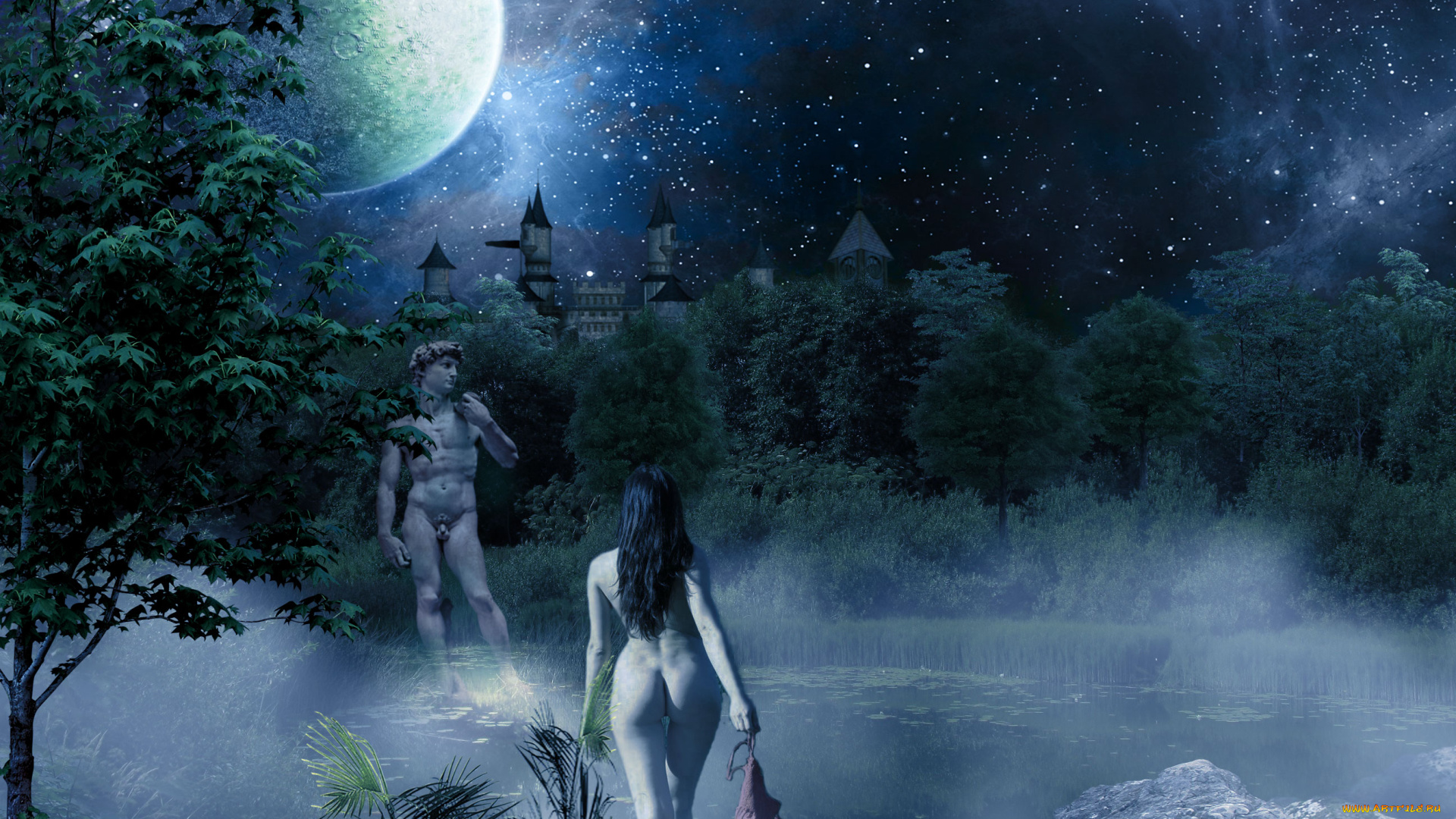фэнтези, девушки, статуя, ночь, озеро, девушка