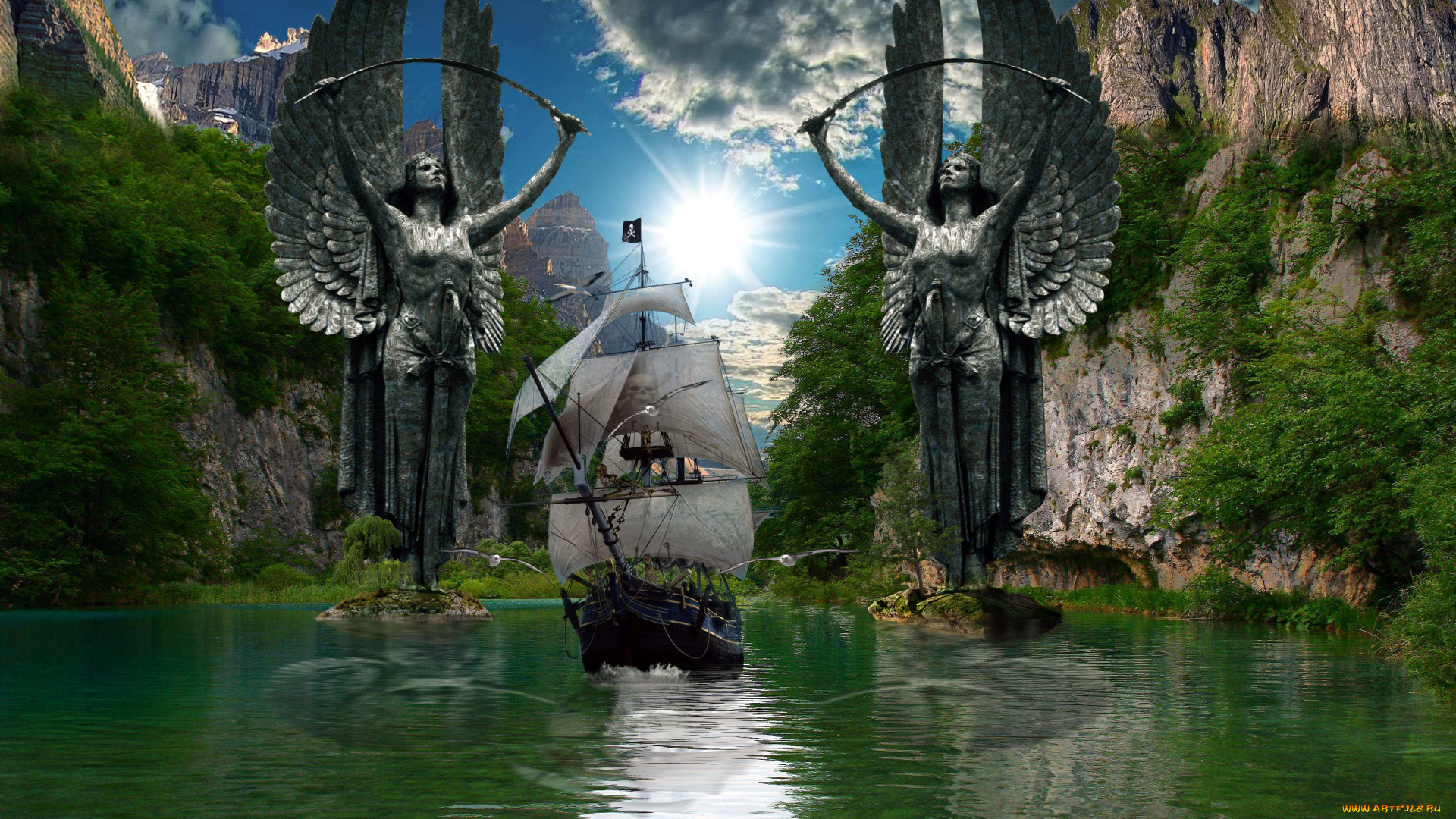 фэнтези, пейзажи, чайки, шхуна, природа, пираты