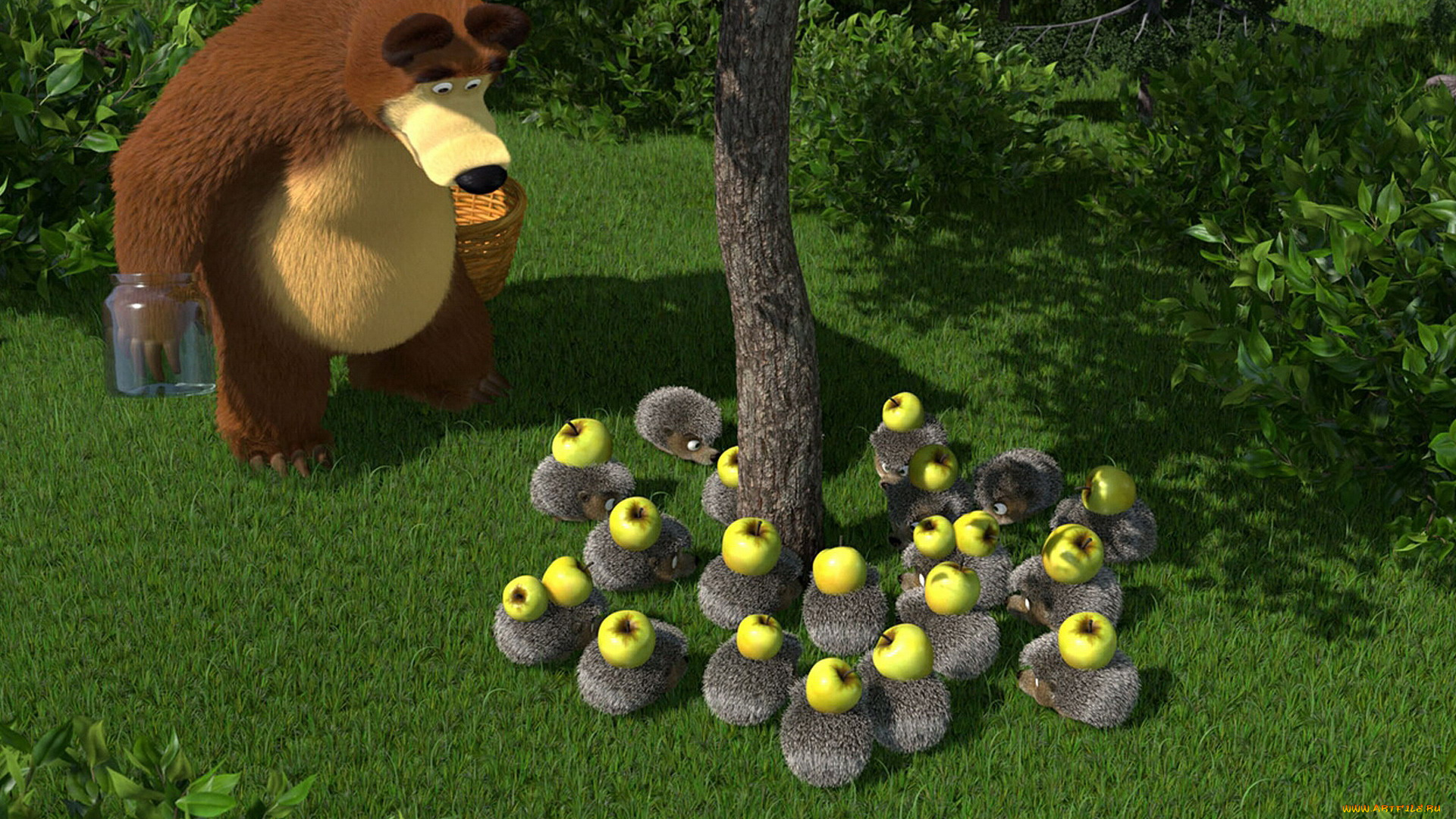 мультфильмы, маша, медведь, ежи, яблока
