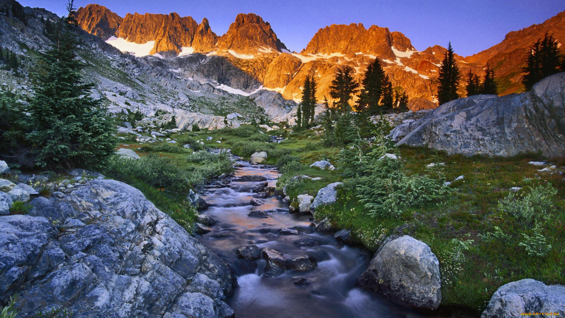 природа, горы, камни, закат, ручей