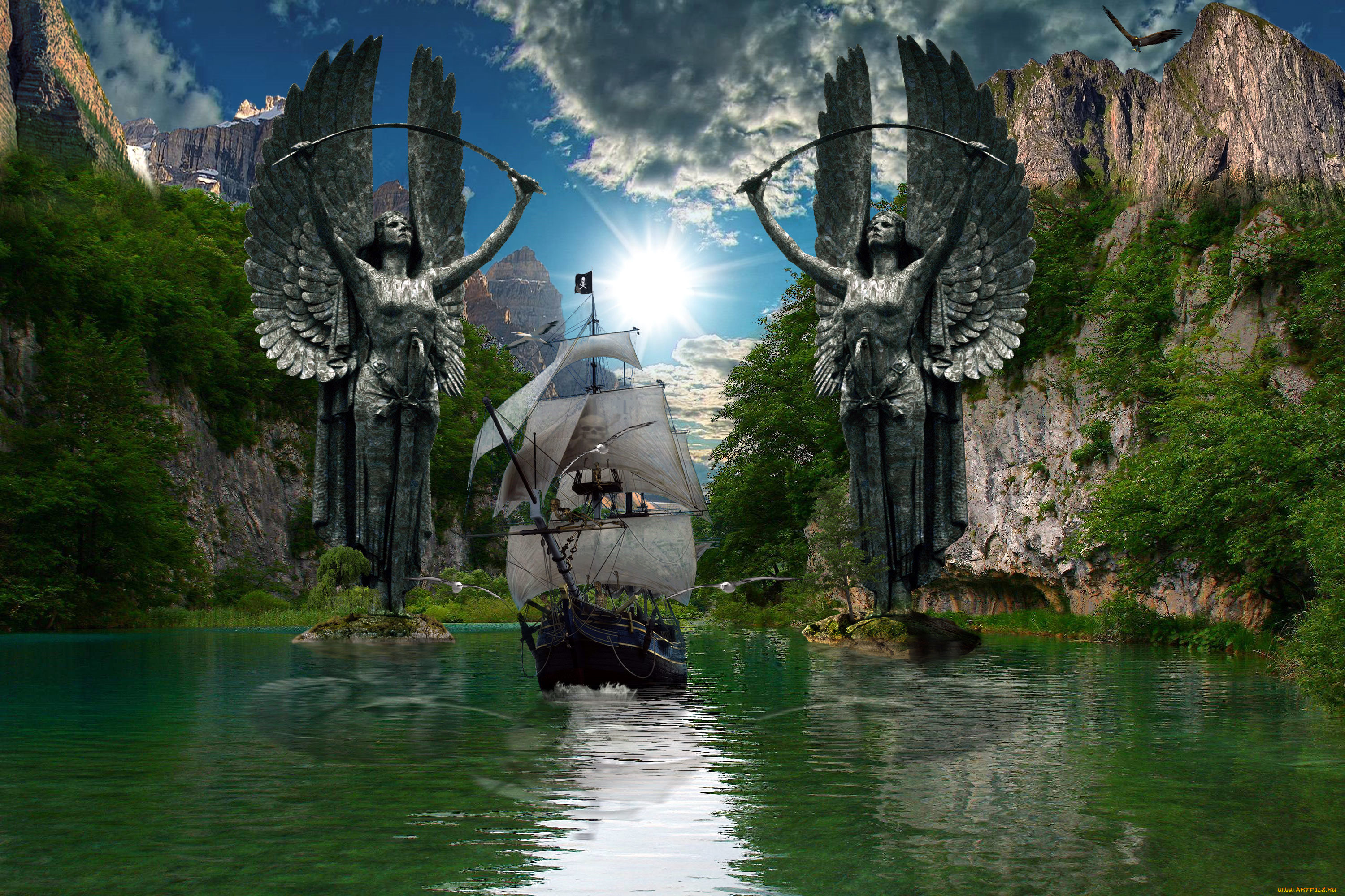 фэнтези, пейзажи, чайки, шхуна, природа, пираты