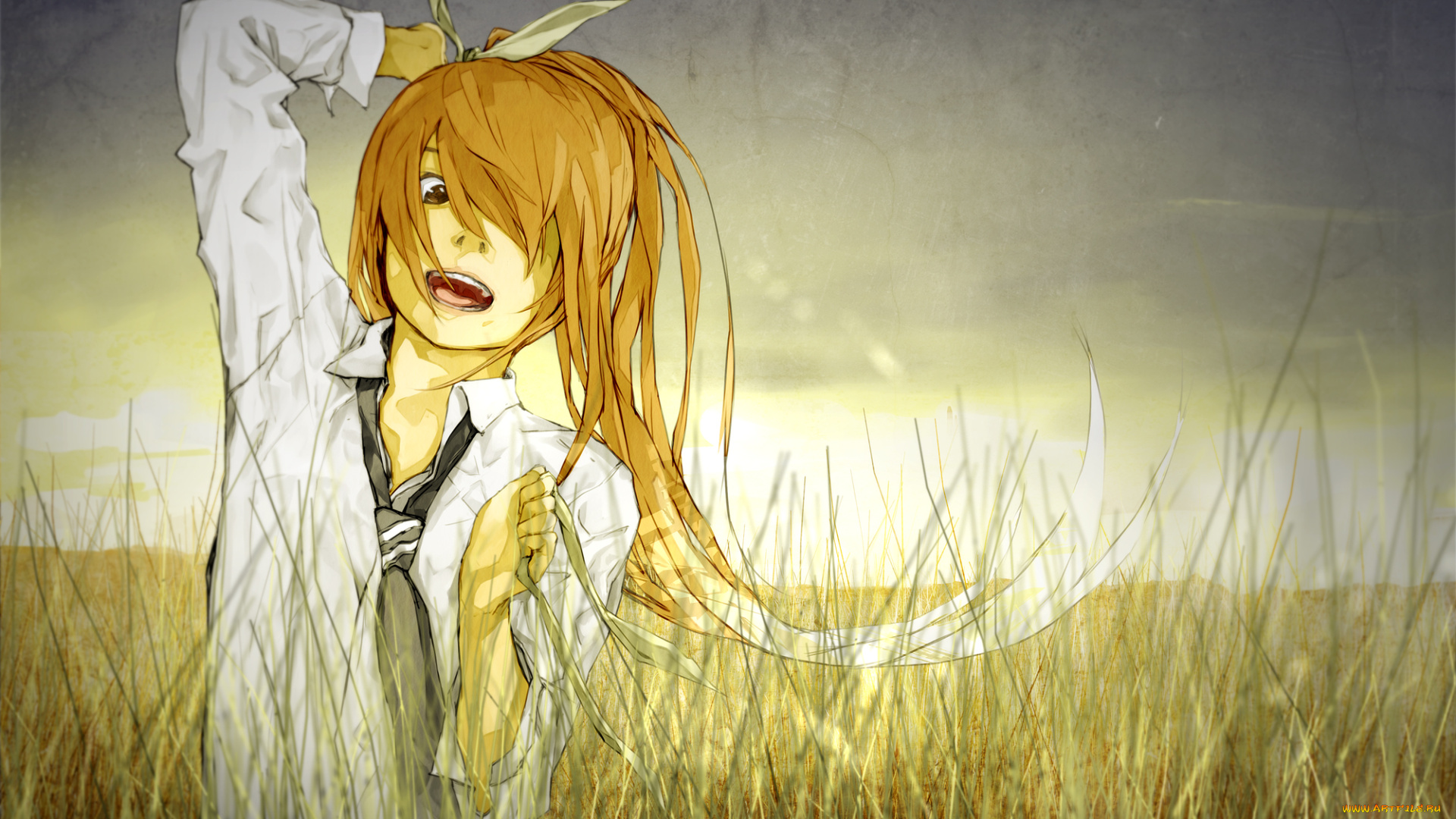 by, loundraw, аниме, *unknown, другое, девушка, бант, колосья, рубашка, галстук, поле