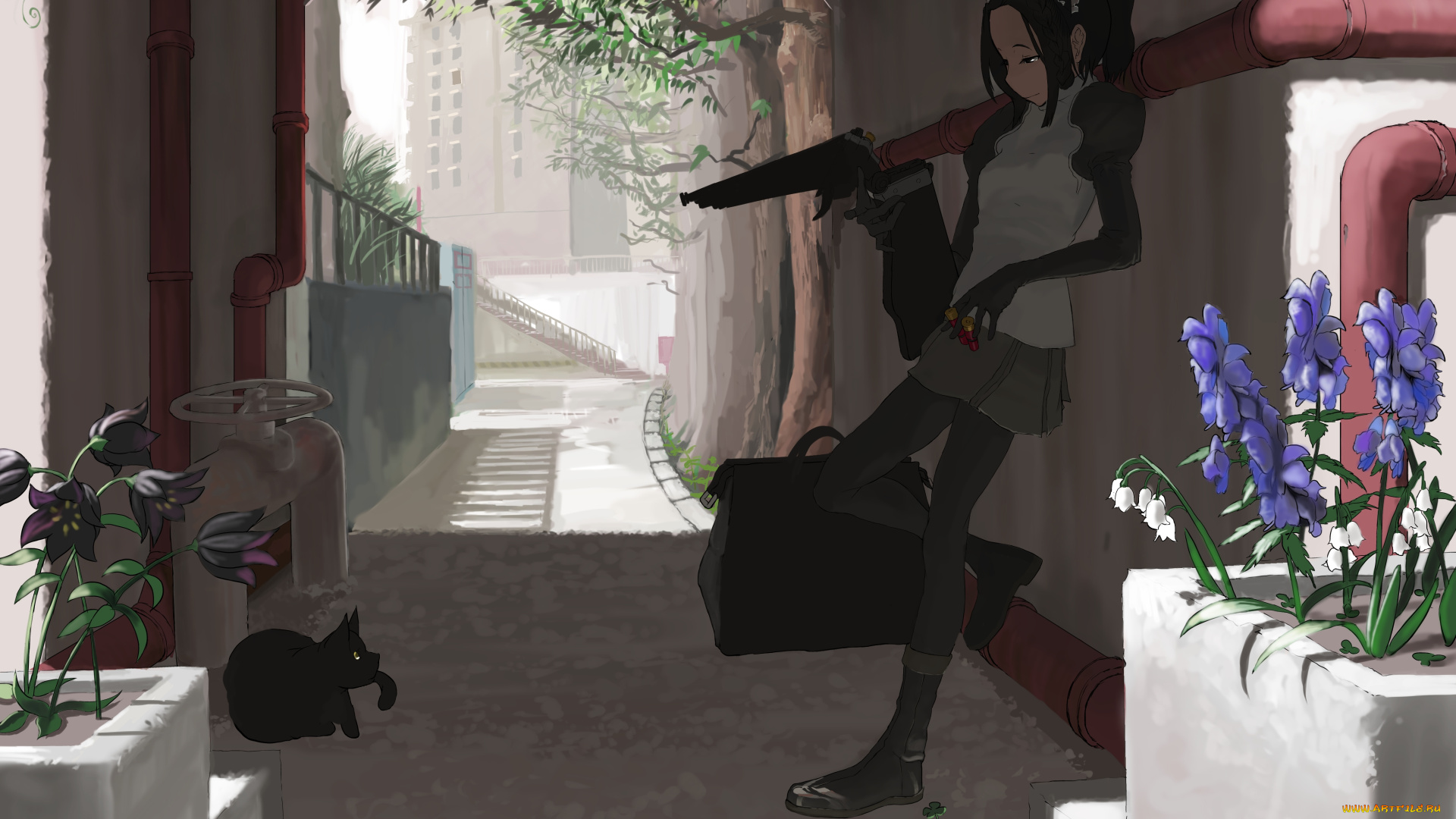 by, tagme, аниме, weapon, blood, technology, ружье, цветы, улица, кот, девушка, пули