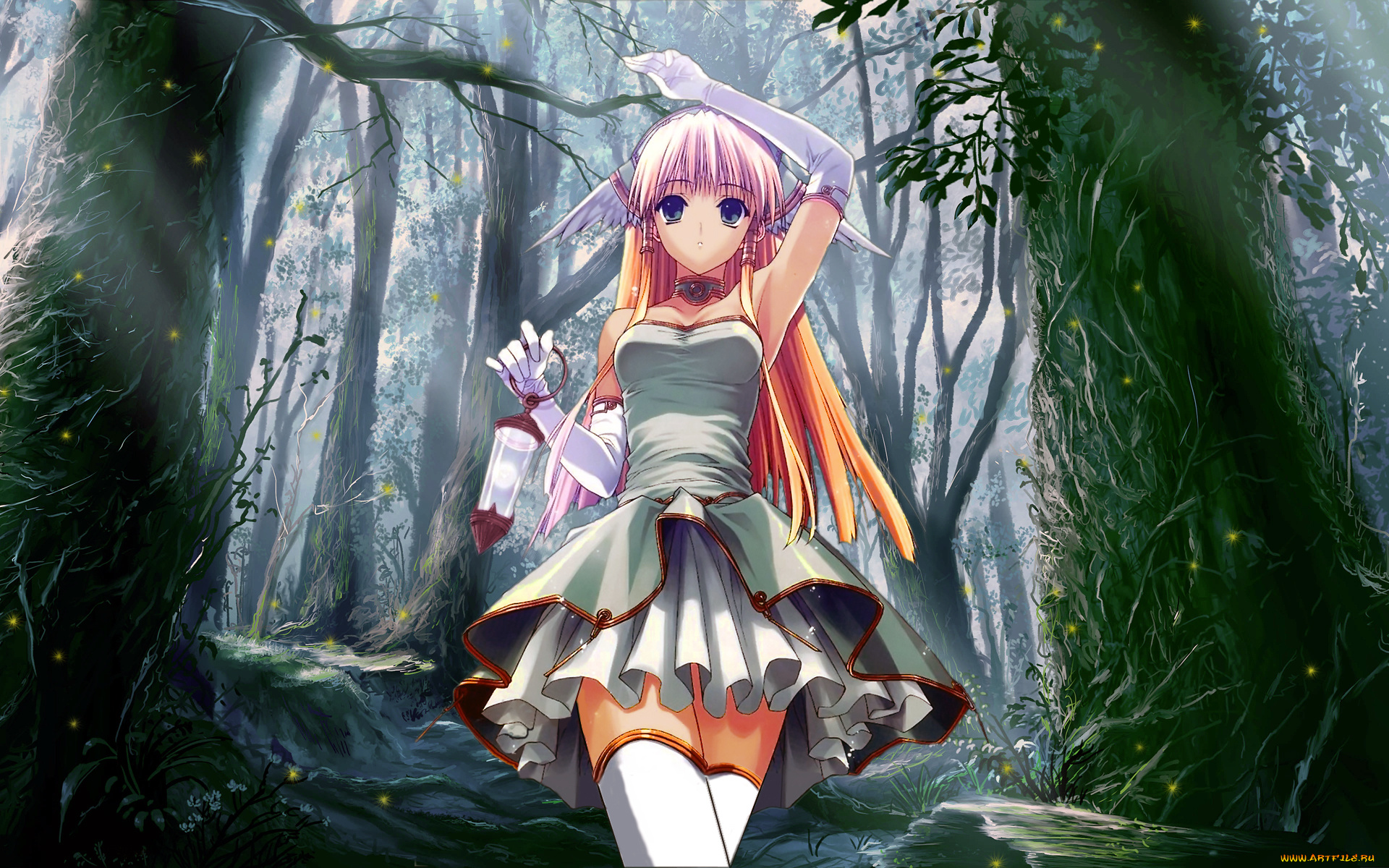 аниме, suzuhira, hiro, artbook, фонарь, крылья, платье, лес, девушка