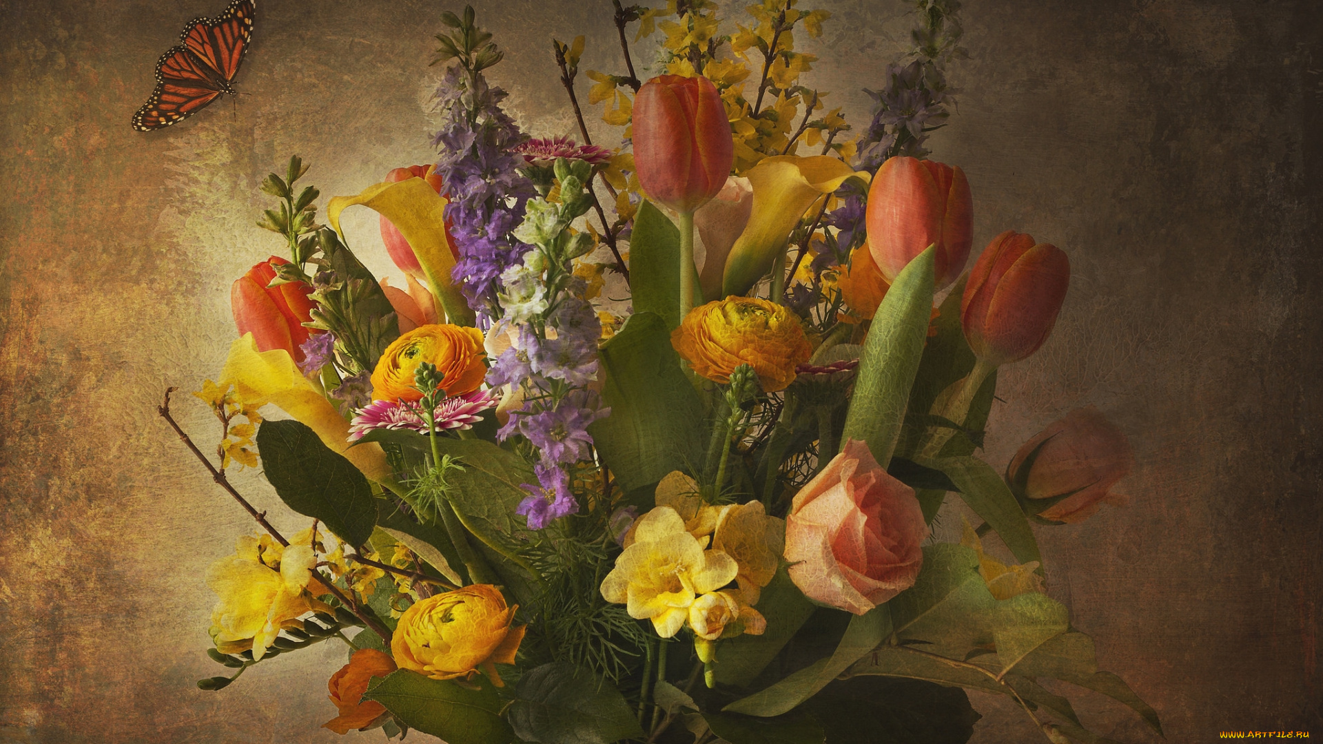 цветы, букеты, , композиции, тюльпаны, дельфиниум, розы, ранункулюс, бабочка