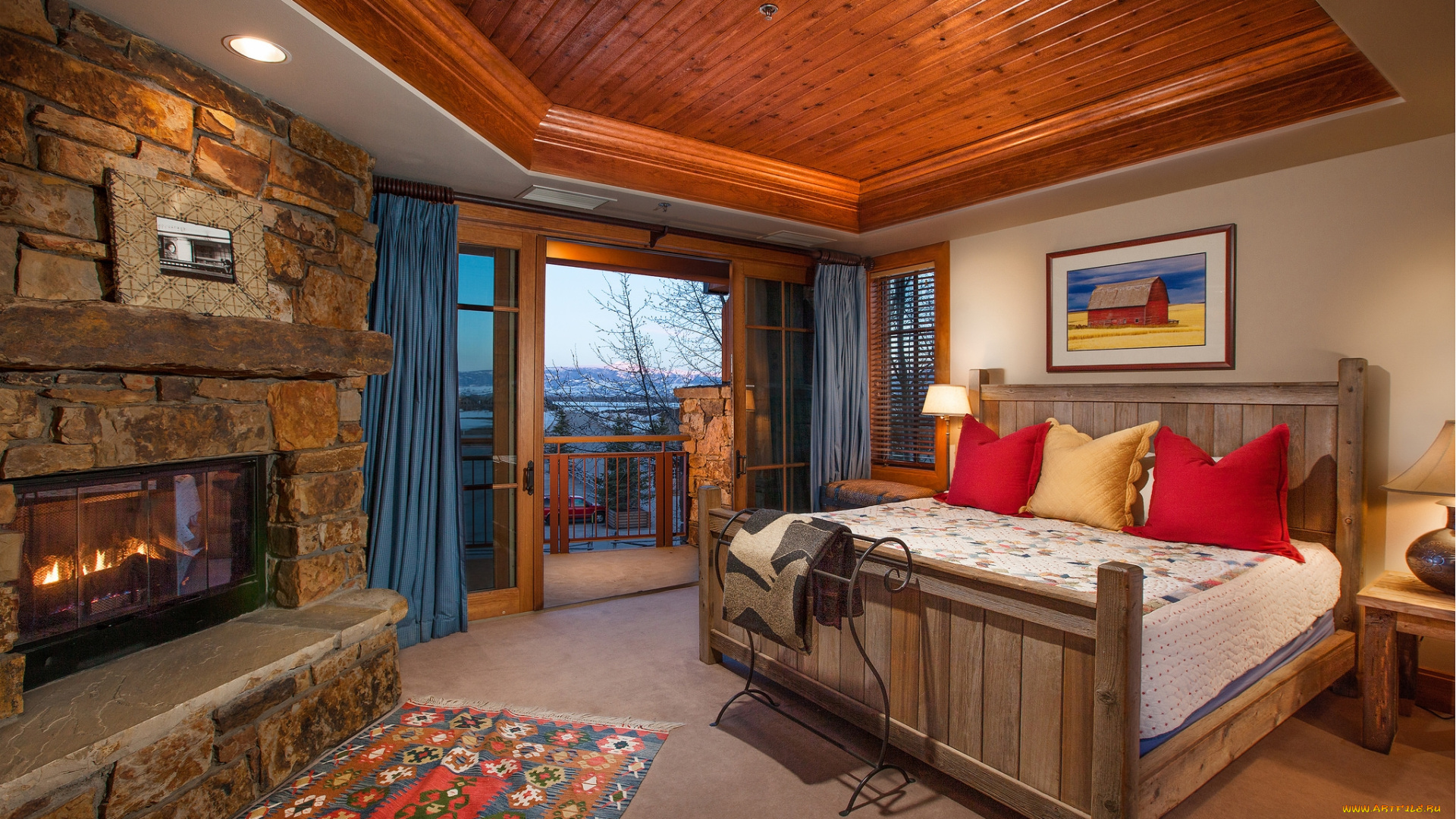 интерьер, спальня, кровать, камин