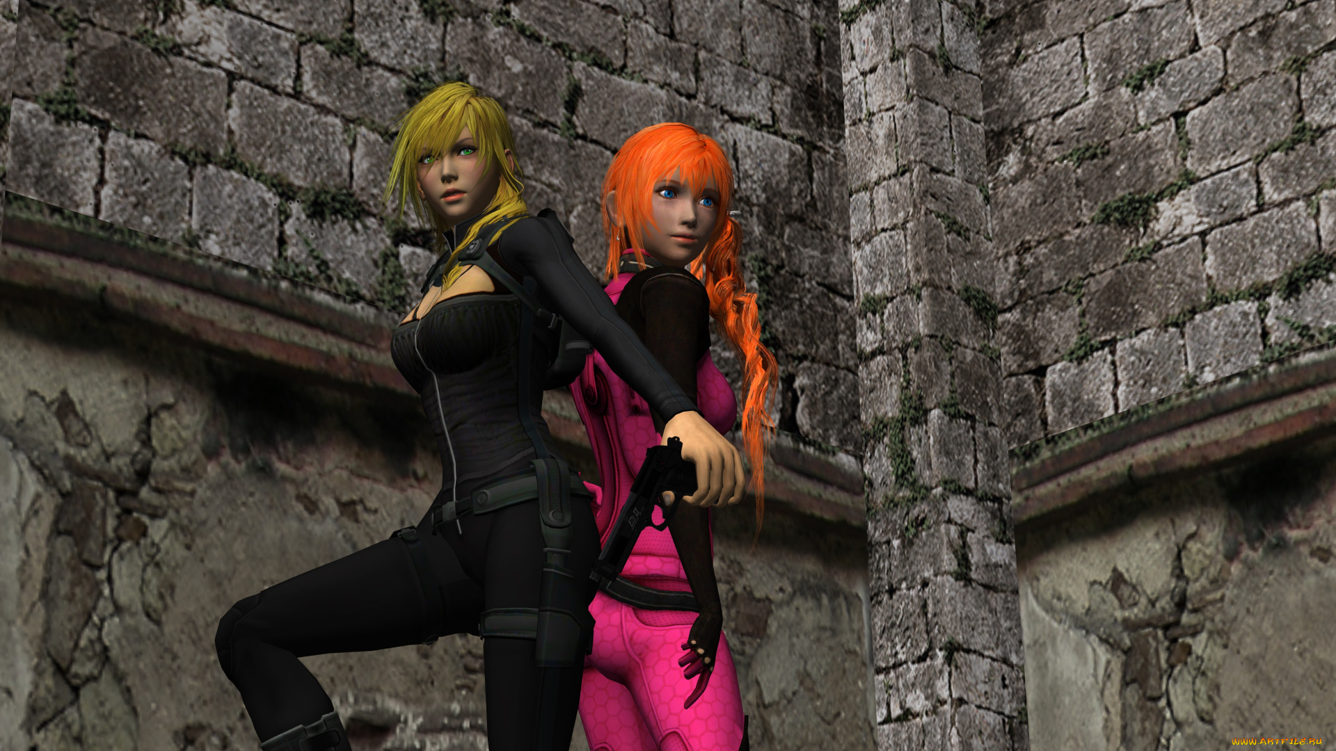 3д, графика, аниме, , anime, девушки, оружие, фон, взгляд