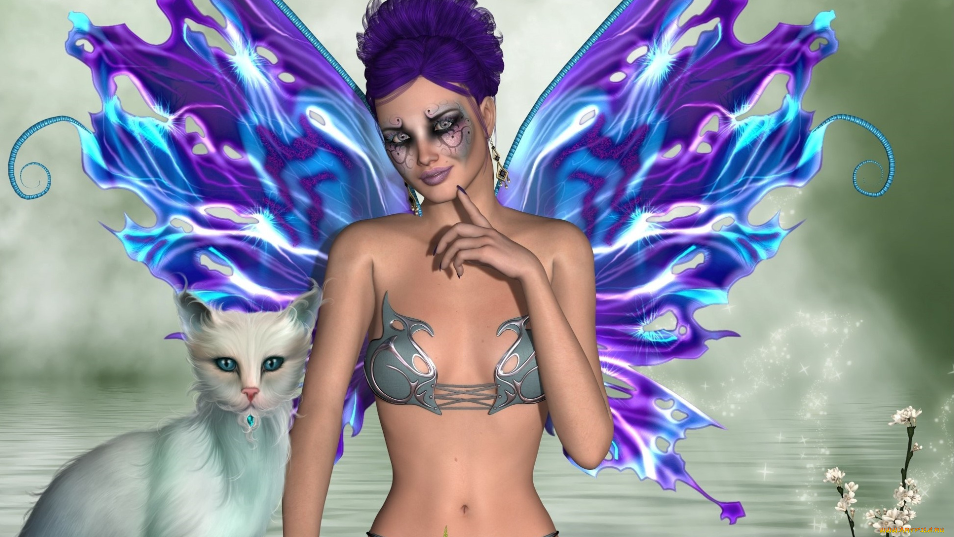 3д, графика, эльфы, , elves, фея, взгляд, фон, кот, цветы