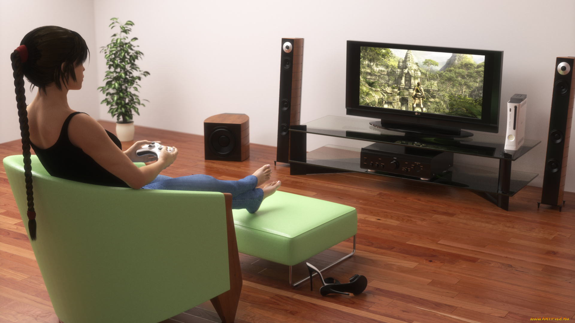 3д, графика, люди, , people, взгляд, девушка, телевизор, кресло, комната, фон