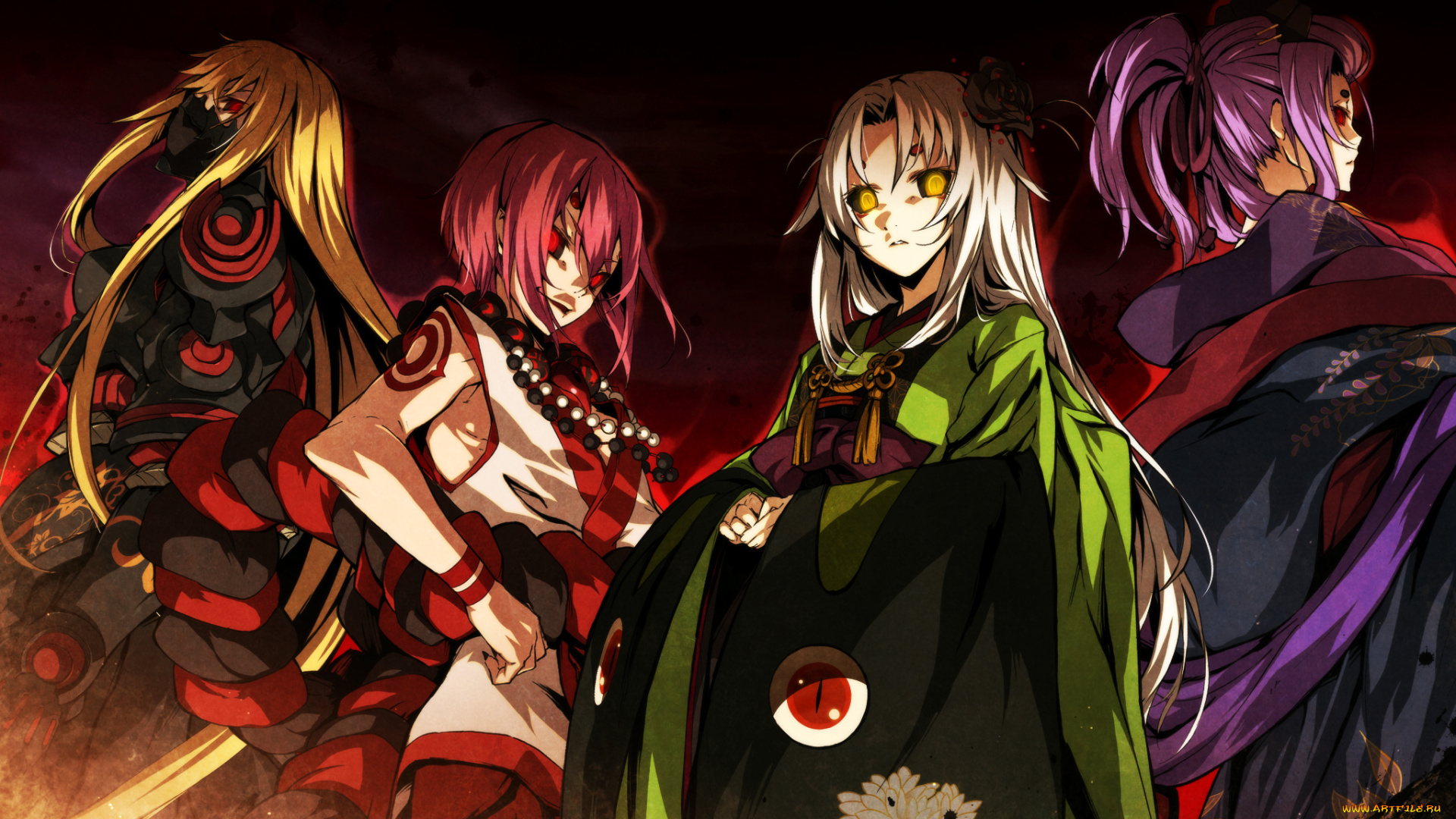 аниме, kajiri, kamui, kagura, бусы, доспехи, кимоно, девушки, g, yuusuke, tenma, tokoyo, numahime, morei, momiji, шнурок, цветок, роза, татуировка, украшение