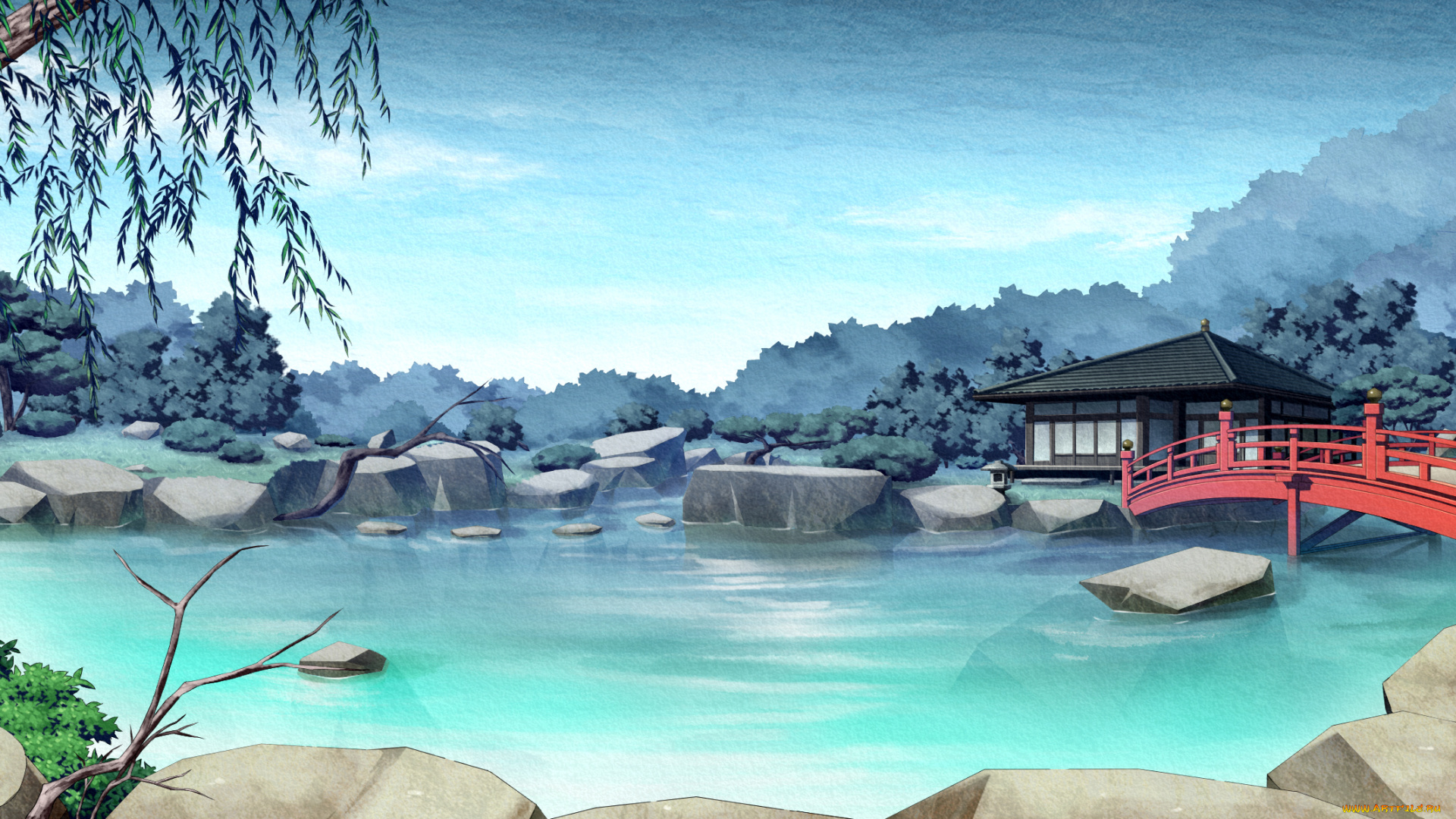 аниме, kajiri, kamui, kagura, деревья, строение, пруд, дом, камни, мост, вода, ива, сад