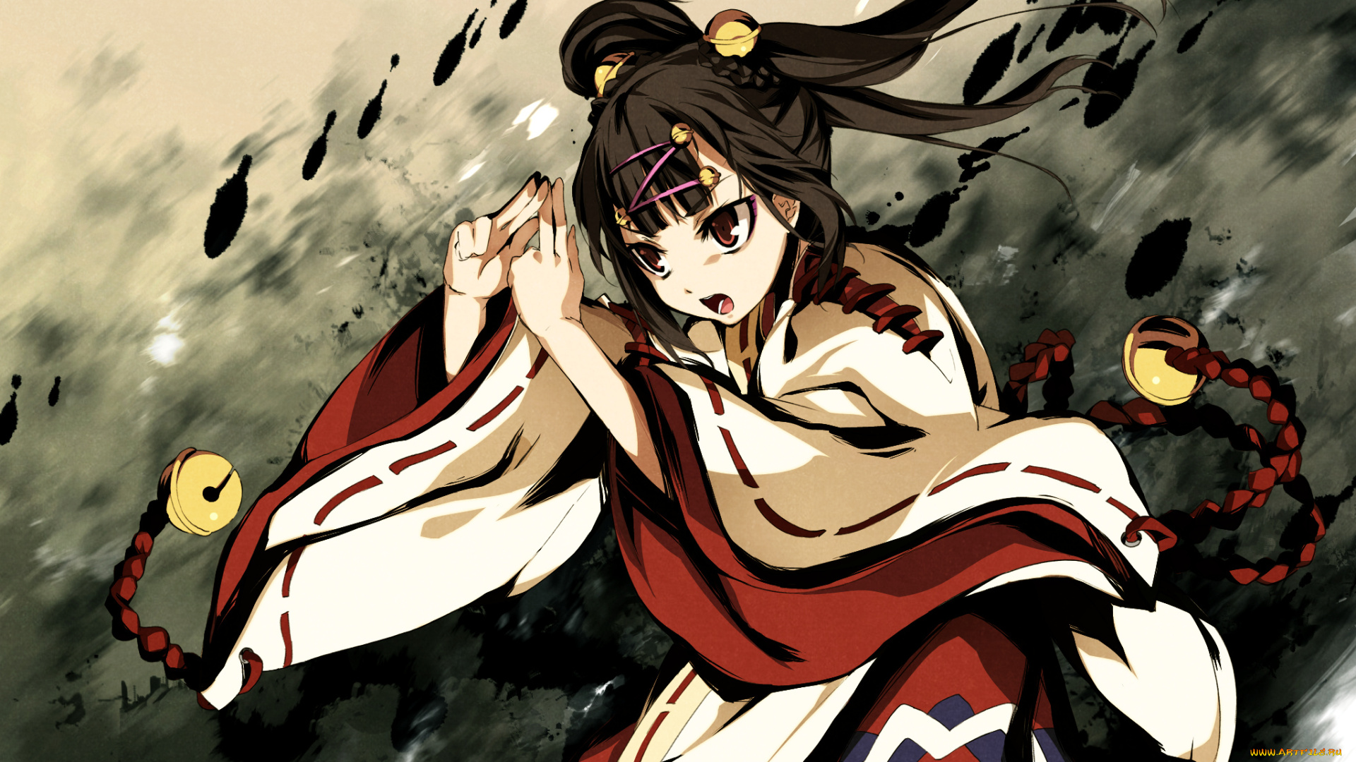 аниме, kajiri, kamui, kagura, девушка, g, yuusuke, движение, кимоно, заклинание, свет, mikado, ryuusui, заколка, шнурок, стойка, колокольчик