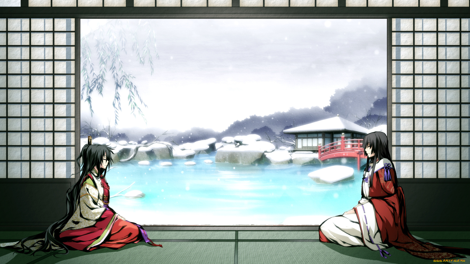 аниме, kajiri, kamui, kagura, девушка, mikado, ryuumei, татами, зима, сад, koga, rindou, g, yuusuke, вода, мост, камни, деревья, кимоно, ива, пруд, строения, снег, мужчина