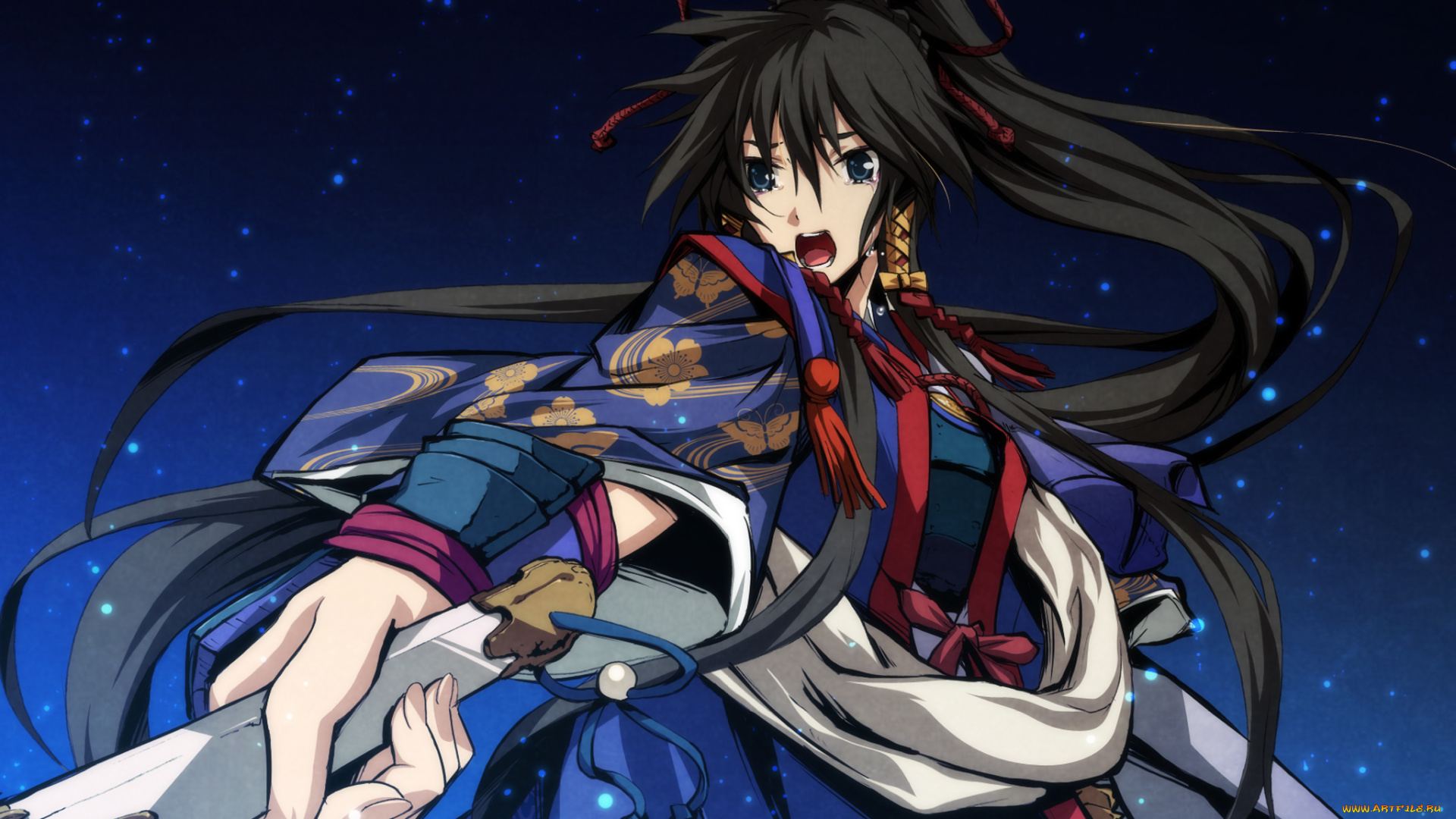 аниме, kajiri, kamui, kagura, девушка, веер, кимоно, шнурок, ночь, мерцание, украшение, свет, g, yuusuk, koga, rindou